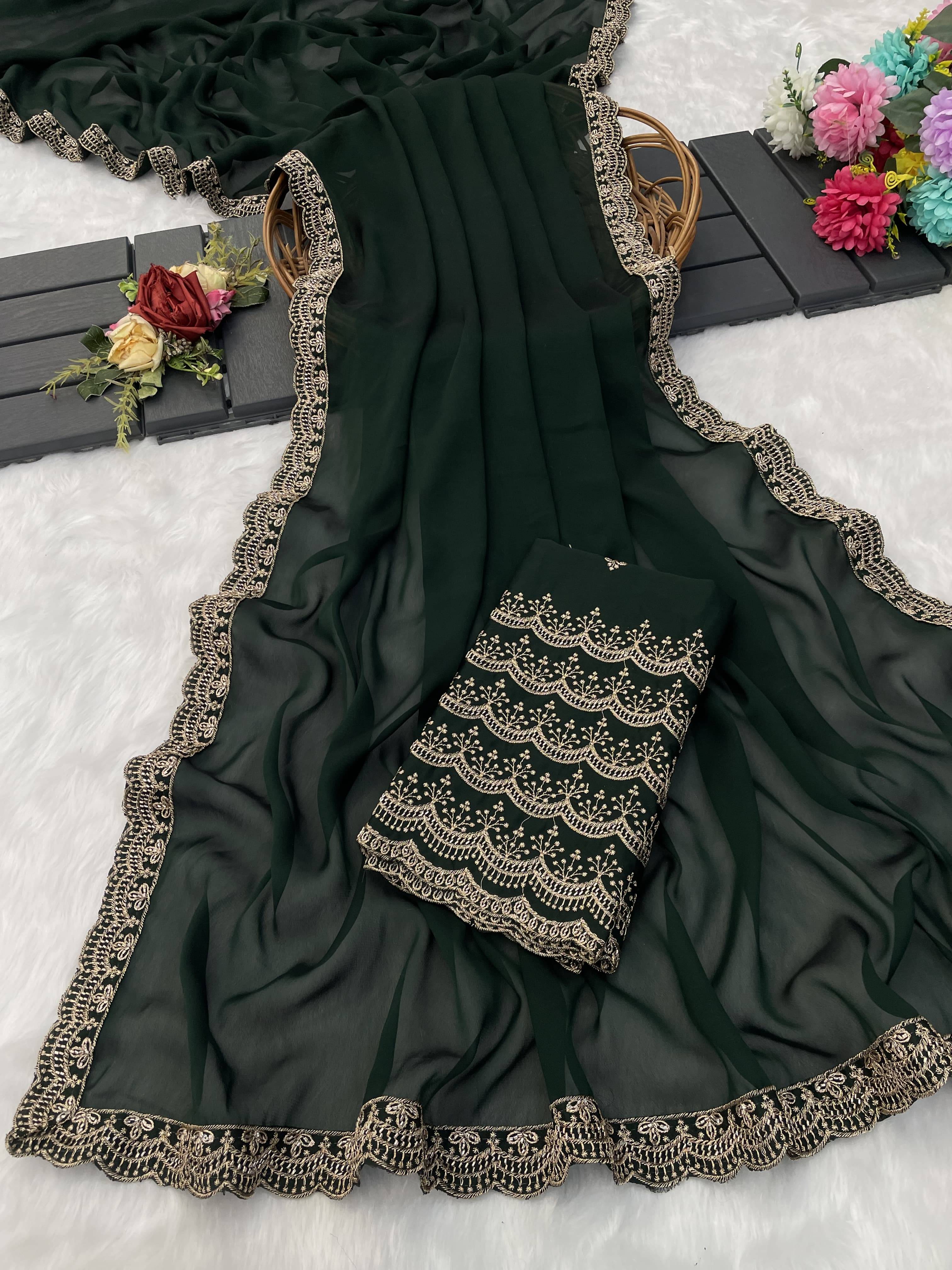     			Gullak Chiffon Embroidered Saree With Unstitched Blouse Piece ( Green )