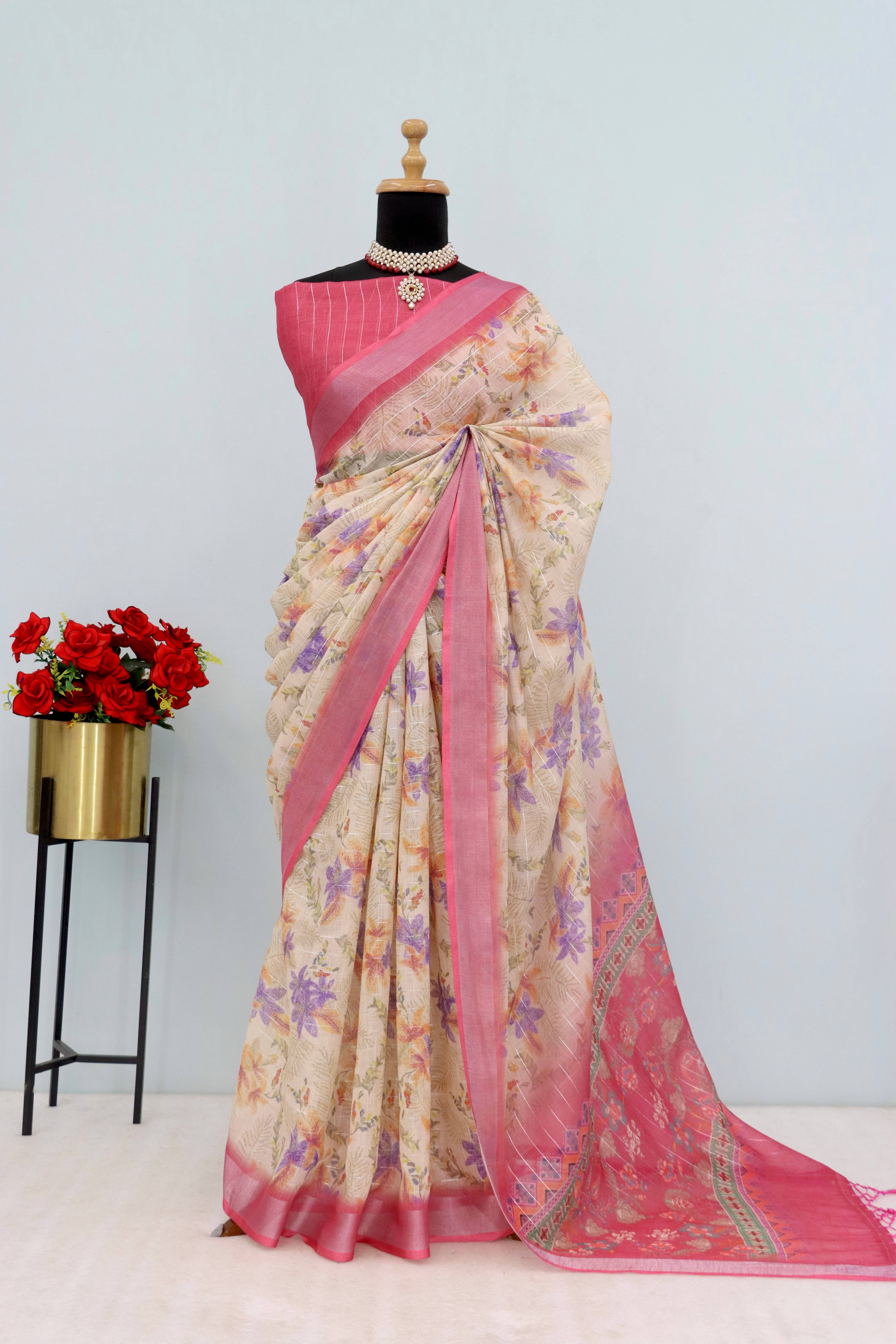 Gullak Linen Embellished Saree With Unstitched Blouse Piece ( Multicolor ) Gullak Linen Embellished Saree With Unstitched Blouse Piece ( Multicolor )