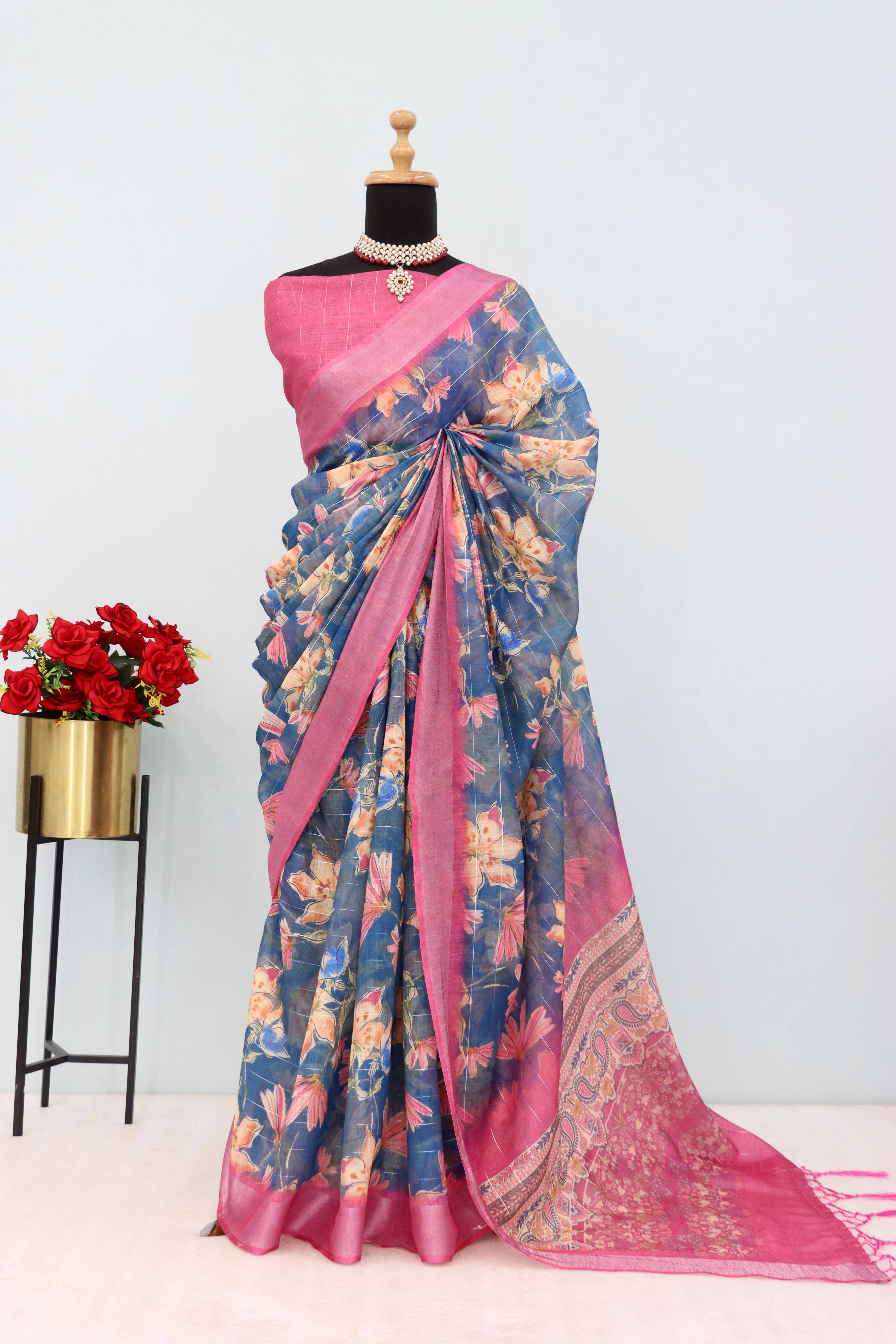     			Gullak Linen Printed Saree With Unstitched Blouse Piece ( Multicolor )
