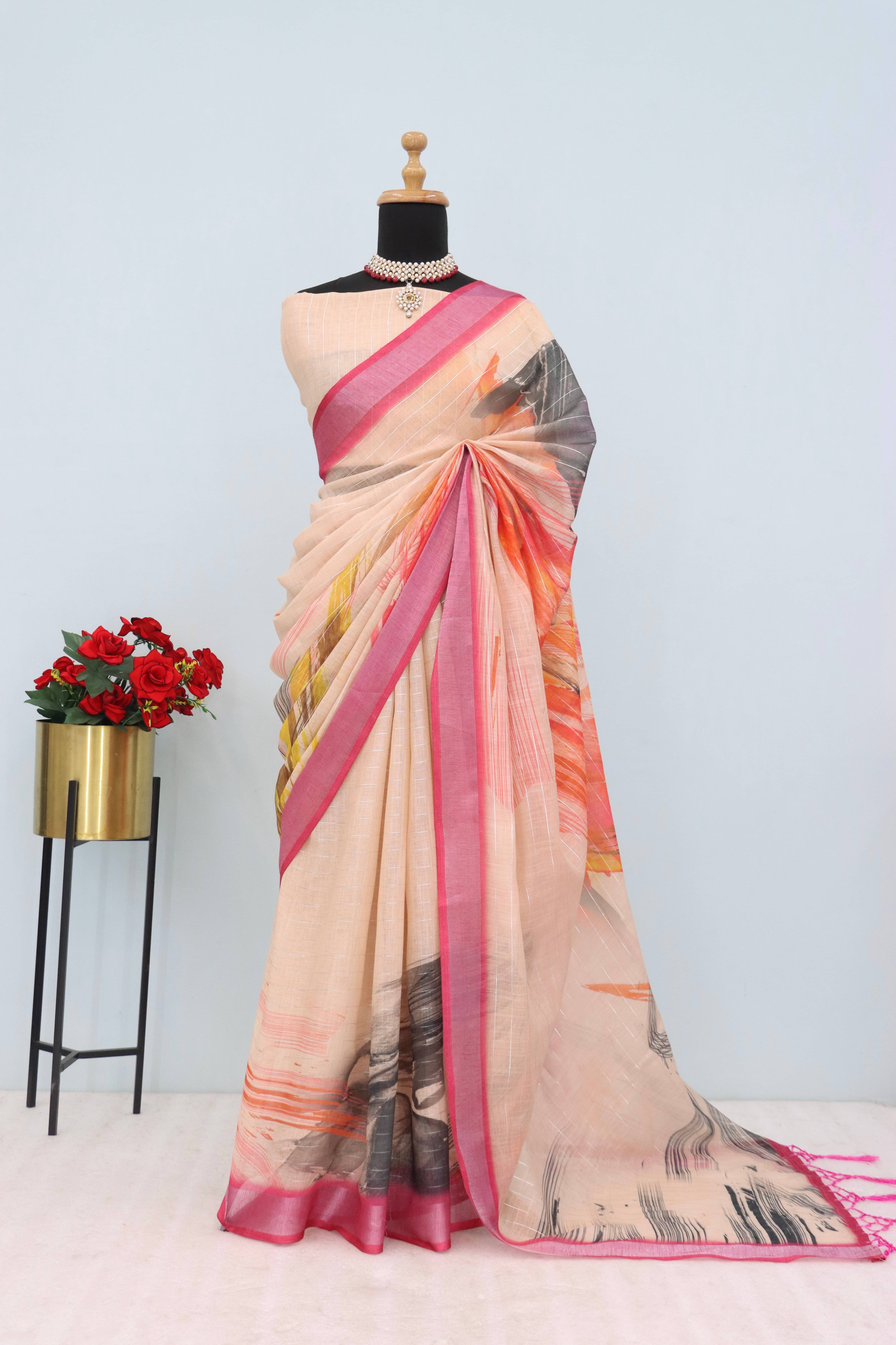     			Gullak Linen Printed Saree With Unstitched Blouse Piece ( Multicolor )