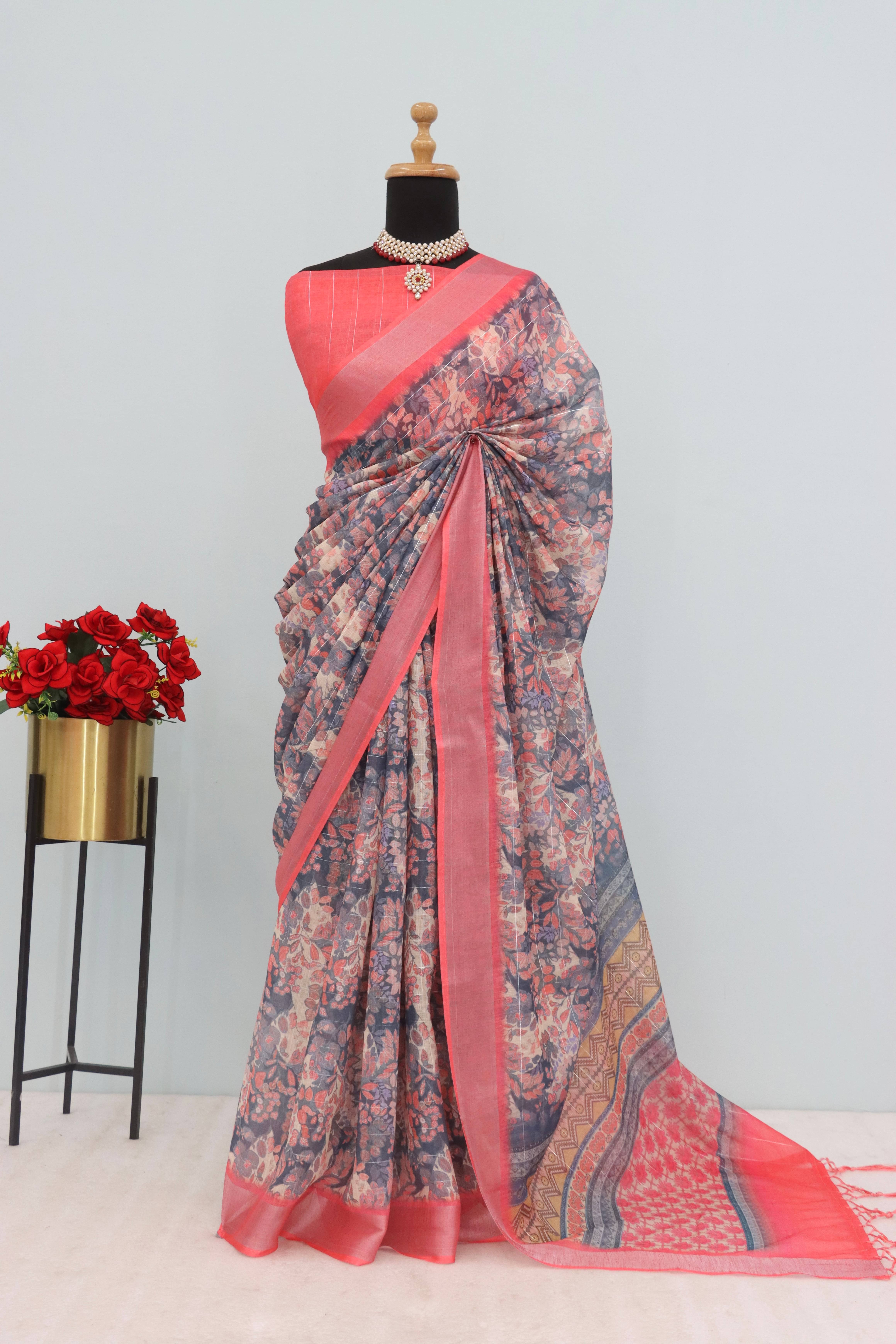 Gullak Linen Printed Saree With Unstitched Blouse Piece ( Multicolor ) Gullak Linen Printed Saree With Unstitched Blouse Piece ( Multicolor )