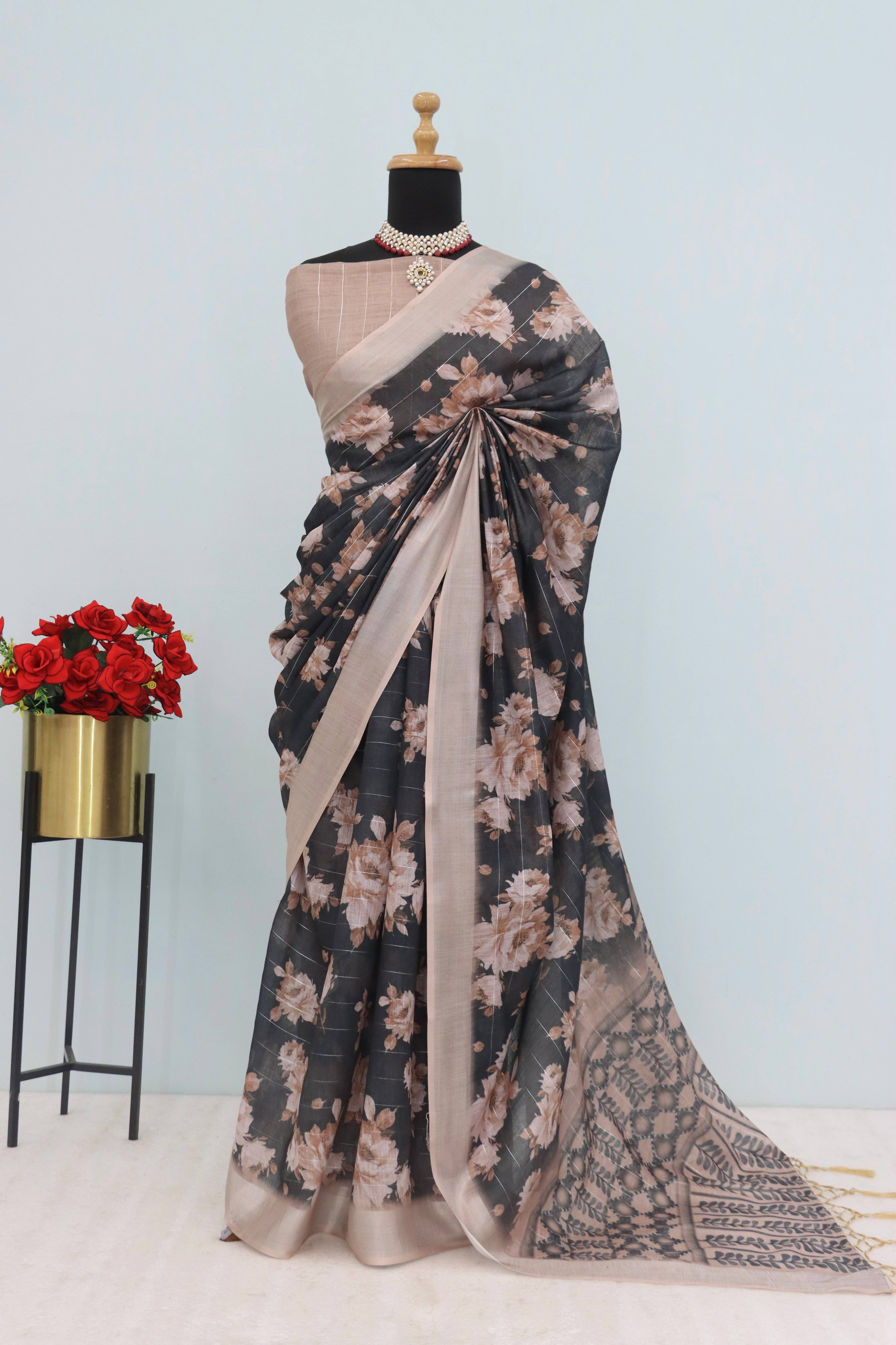     			Gullak Linen Printed Saree With Unstitched Blouse Piece ( Multicolor )
