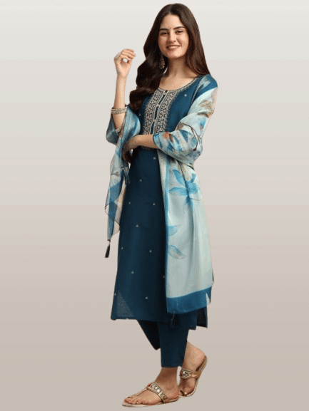     			DIVYA VALLABHBHAI KATARIYA Women Rayon Solid A-line Kurti With Pants ( Teal )
