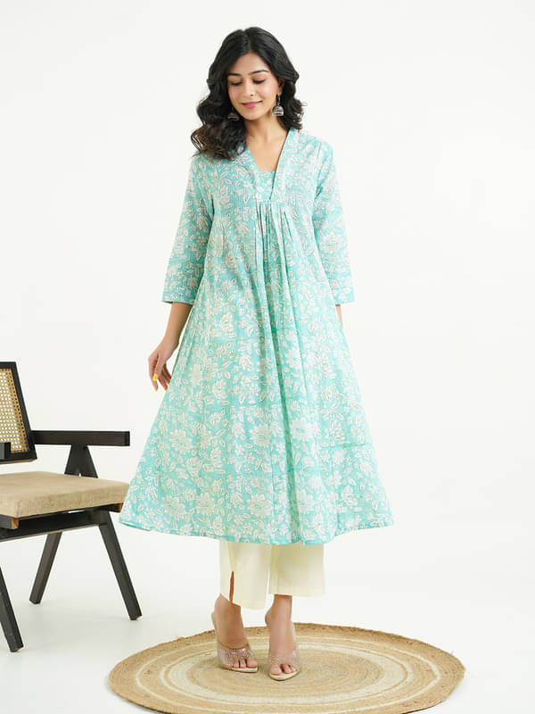    			Goodhand Women Cotton Printed A-line Kurti With Pants ( Green )