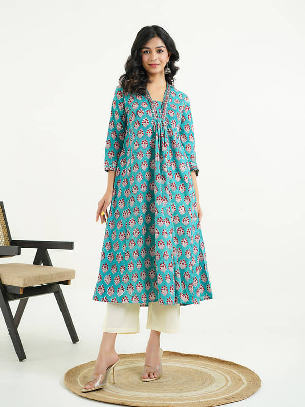 Goodhand Women Cotton Printed A-line Kurti With Pants ( Turquoise ) Goodhand Women Cotton Printed A-line Kurti With Pants ( Turquoise )