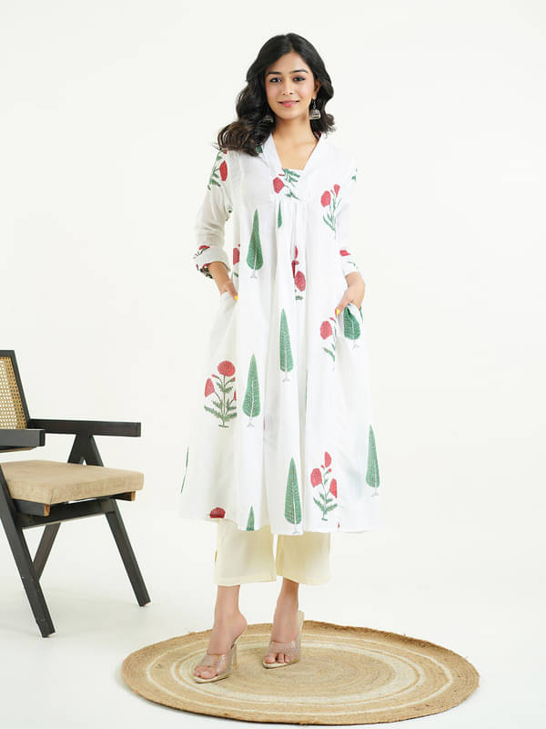     			Goodhand Women Cotton Printed A-line Kurti With Pants ( White )