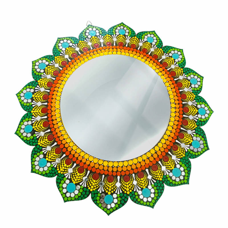 Hand Painted Dot Mandala on Floral MDF with mirror by Penkraft Hand Painted Dot Mandala on Floral MDF with mirror by Penkraft