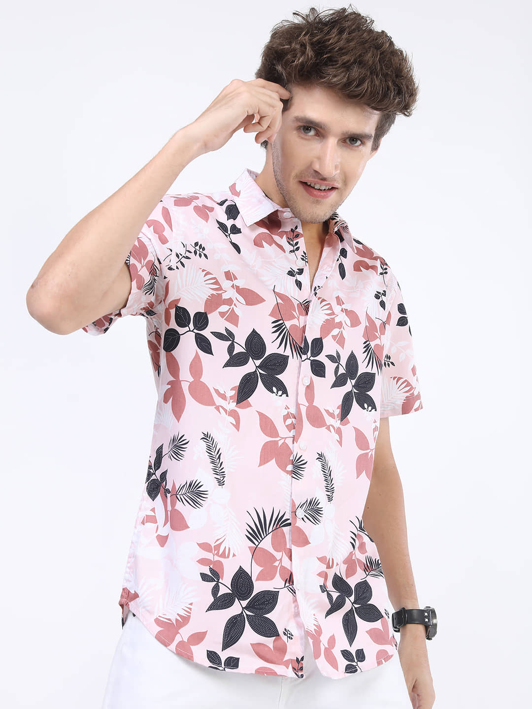 Highlander 100% Cotton Slim Fit Printed Half Sleeves Men's Casual Shirt - Pink ( Pack of 1 )