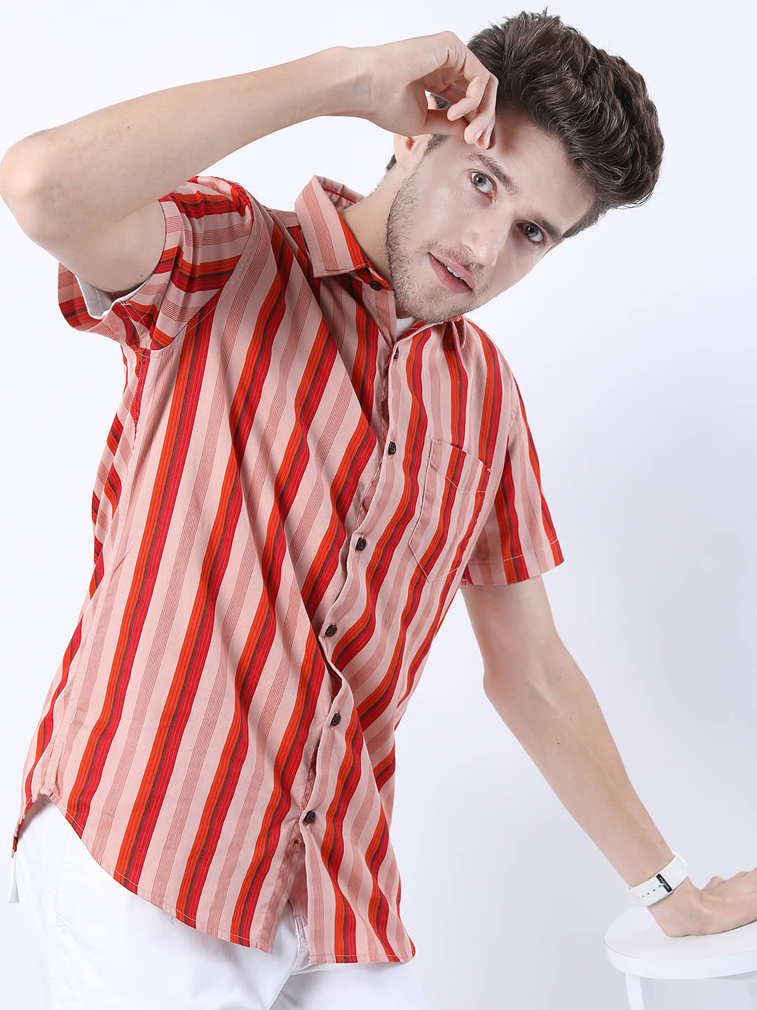     			Highlander 100% Cotton Slim Fit Striped Half Sleeves Men's Casual Shirt - Rust ( Pack of 1 )