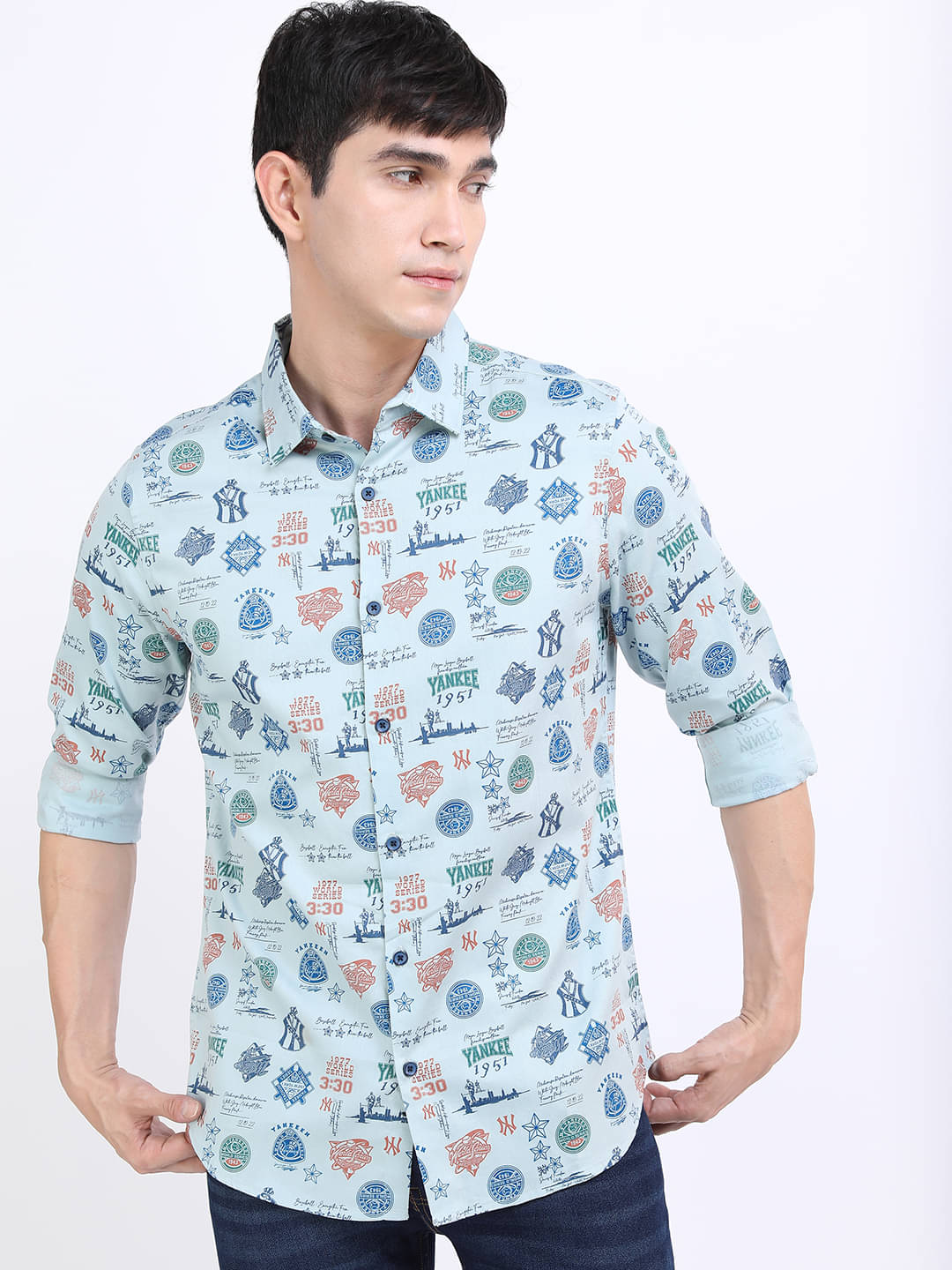     			Highlander 100% Cotton Slim Fit Printed Full Sleeves Men's Casual Shirt - Light Blue ( Pack of 1 )