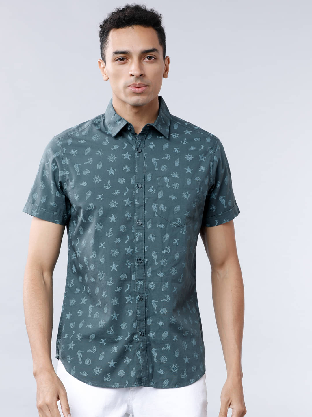     			Highlander 100% Cotton Slim Fit Printed Half Sleeves Men's Casual Shirt - Teal ( Pack of 1 )