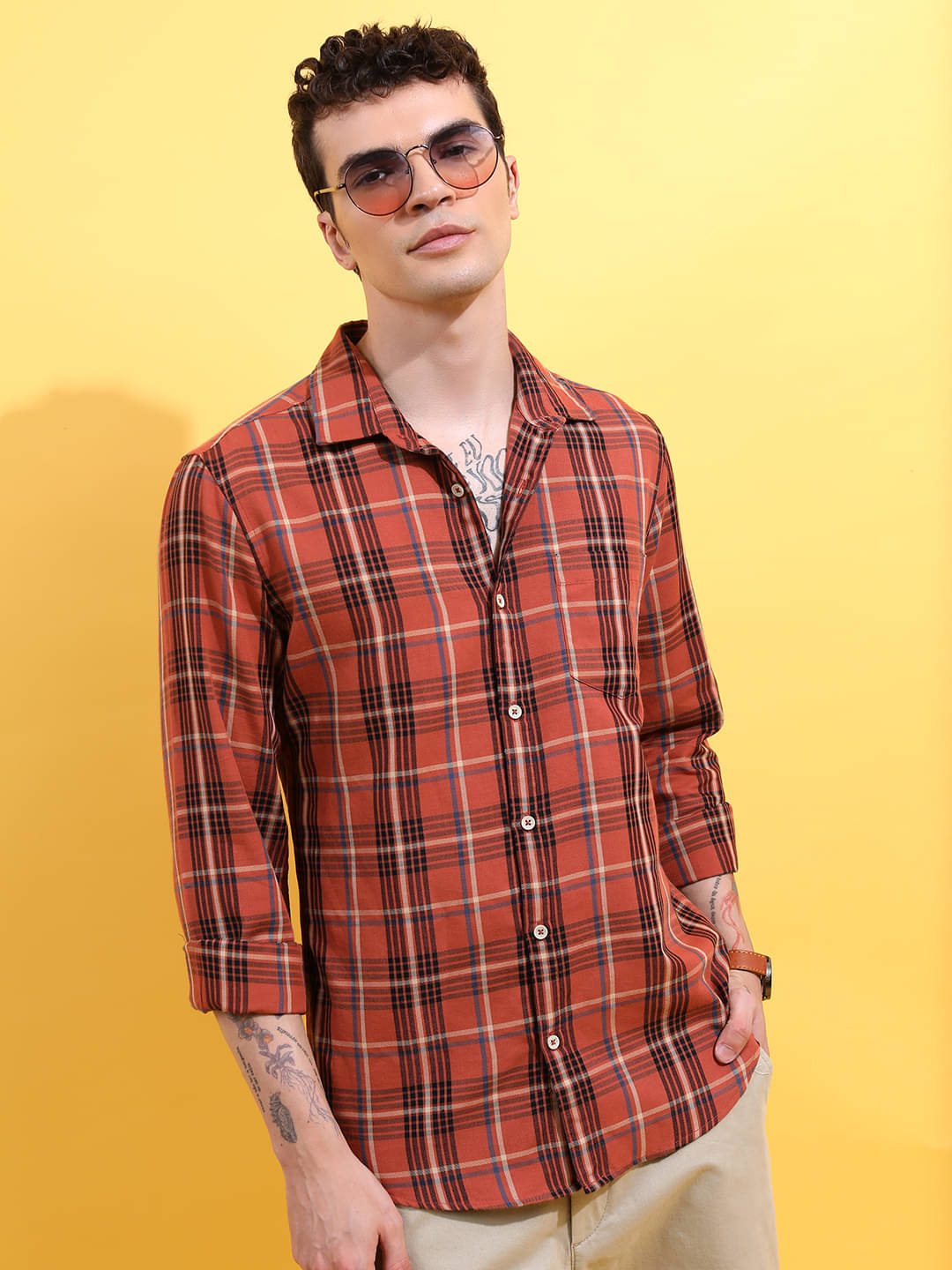 Highlander Cotton Blend Slim Fit Checks Full Sleeves Men's Casual Shirt - Rust ( Pack of 1 ) Highlander Cotton Blend Slim Fit Checks Full Sleeves Men's Casual Shirt - Rust ( Pack of 1 )