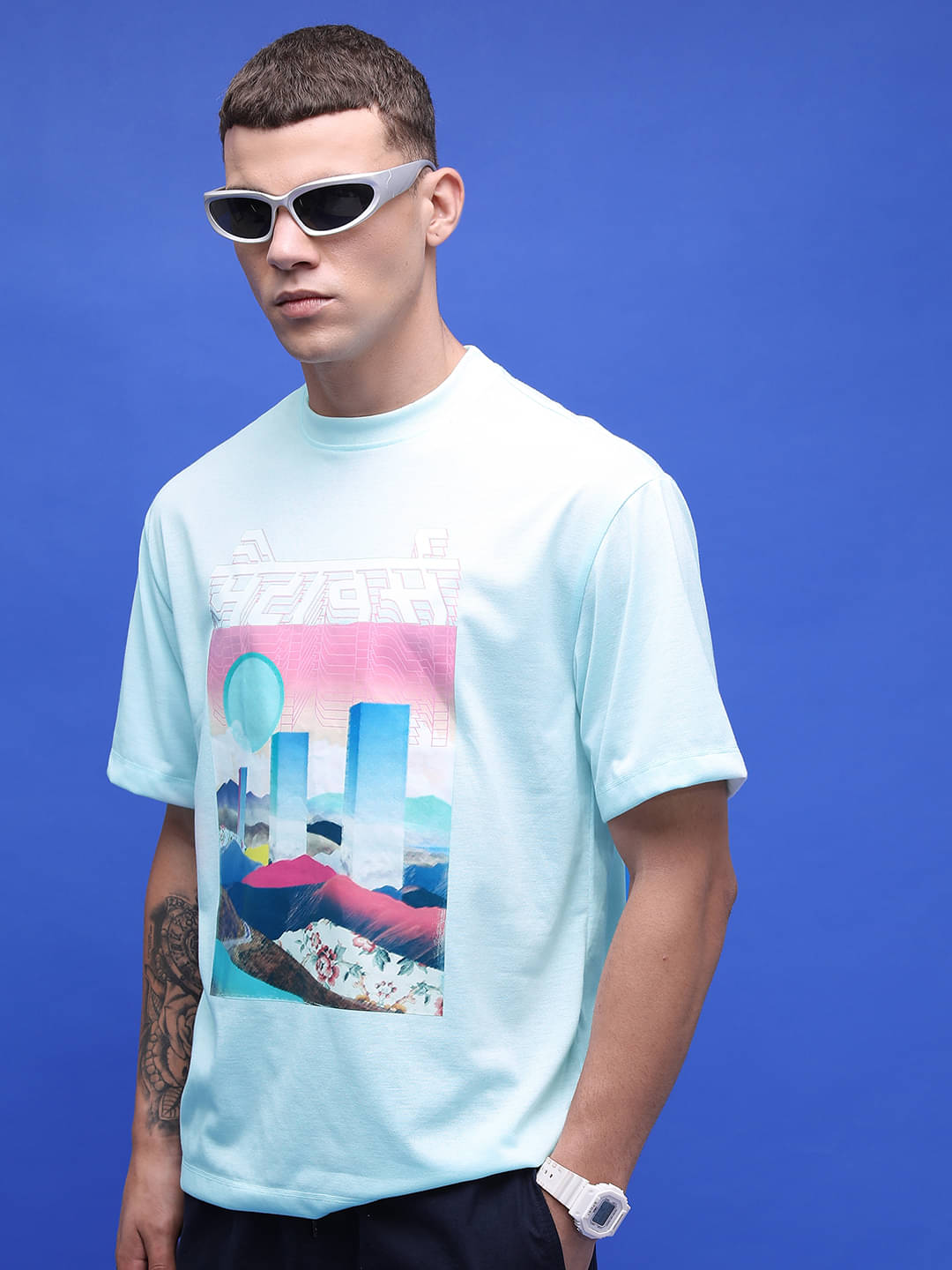     			Highlander Men Polyester Oversized Fit Printed T-Shirt ( Light Blue )