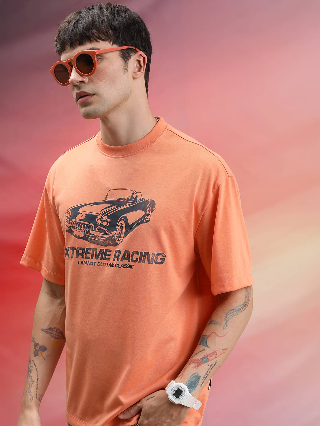     			Highlander Men Polyester Oversized Fit Printed T-Shirt ( Peach )
