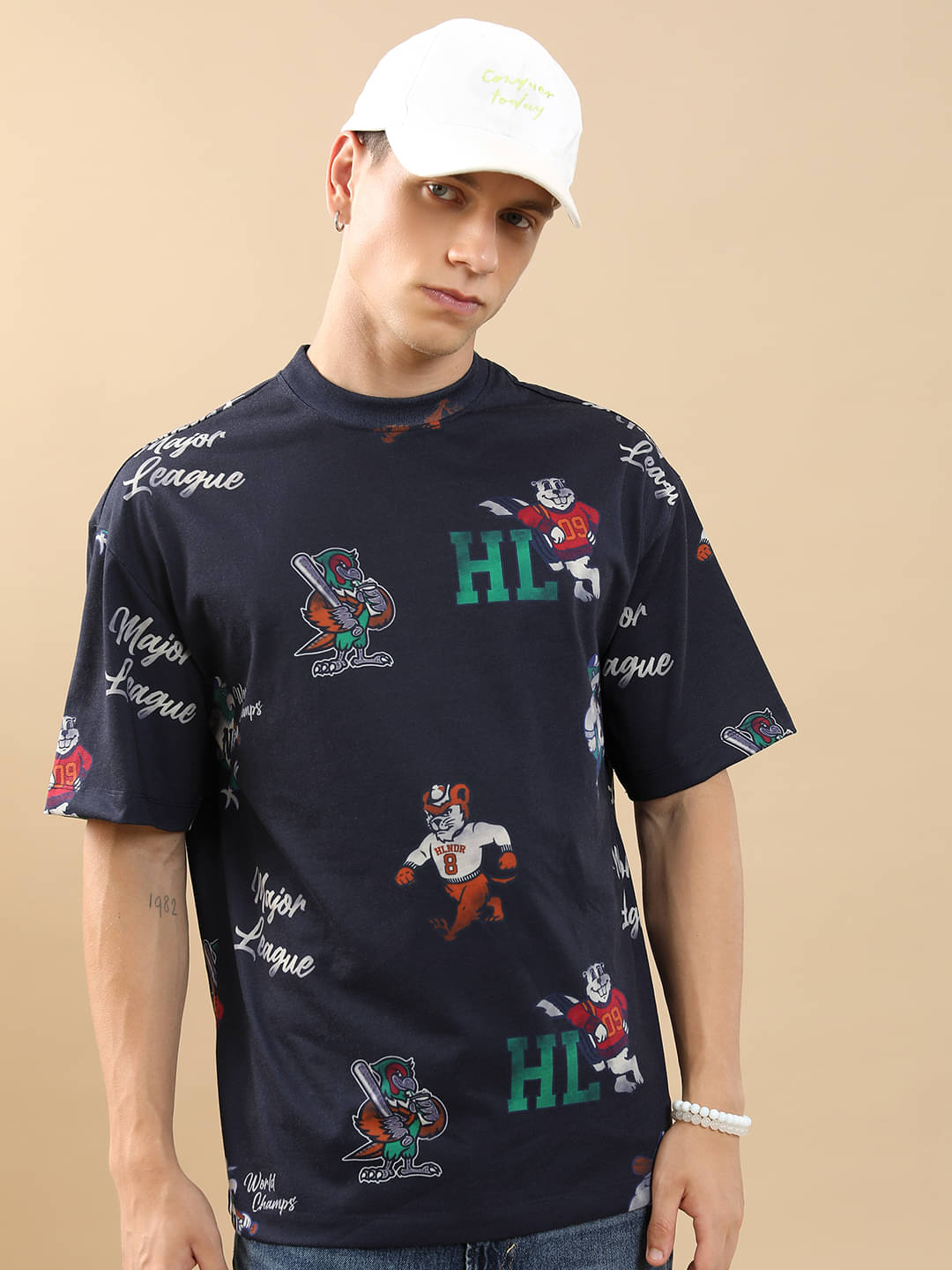 Highlander Men Polyester Oversized Fit Printed T-Shirt ( Navy Blue ) Highlander Men Polyester Oversized Fit Printed T-Shirt ( Navy Blue )