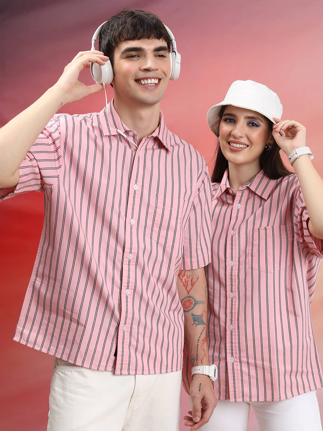     			Highlander Polyester Oversized Fit Striped Half Sleeves Men's Casual Shirt - Pink ( Pack of 1 )