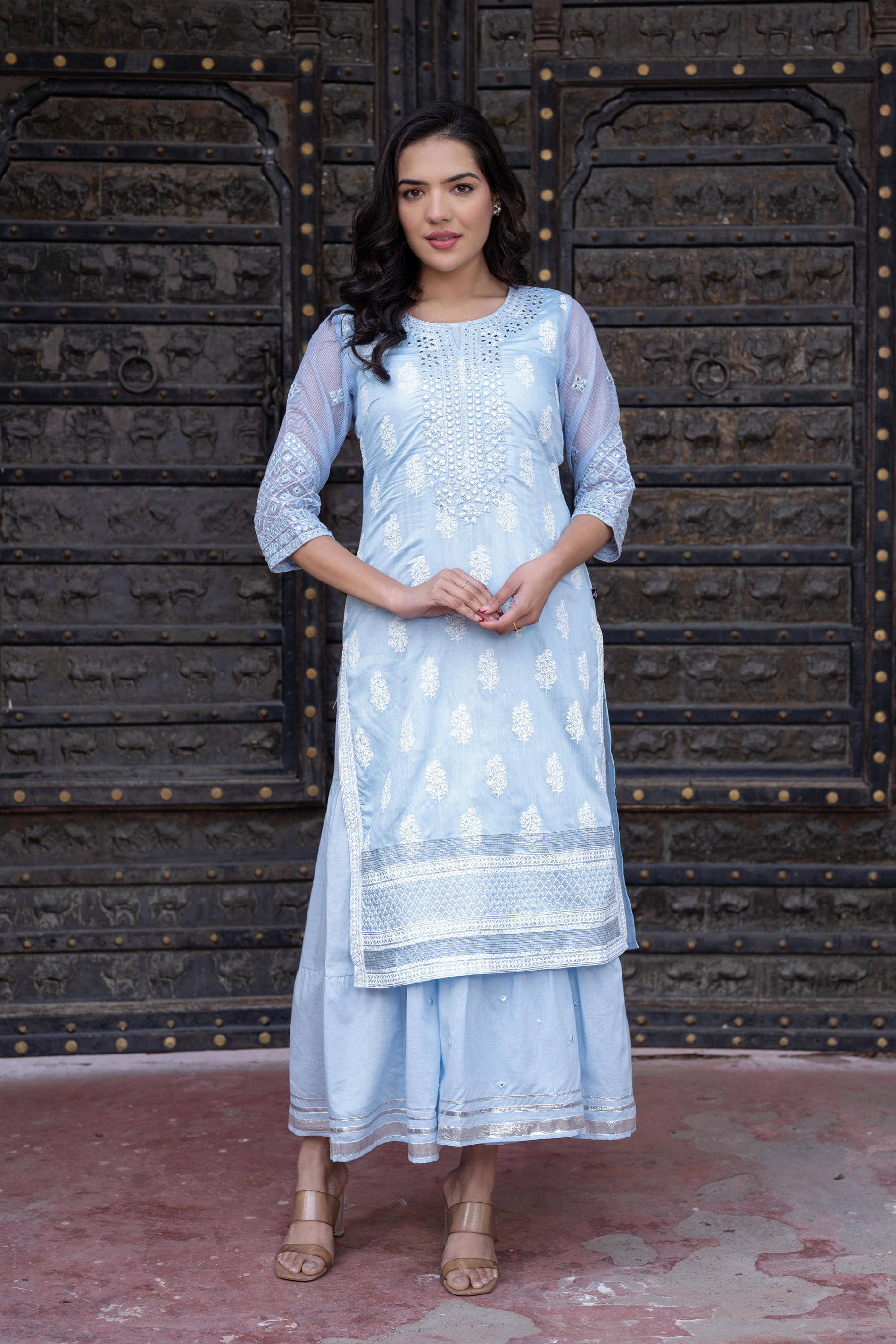 Juniper Women Chanderi Embroidered Ethnic Dress ( Blue ) Juniper Women Chanderi Embroidered Ethnic Dress ( Blue )