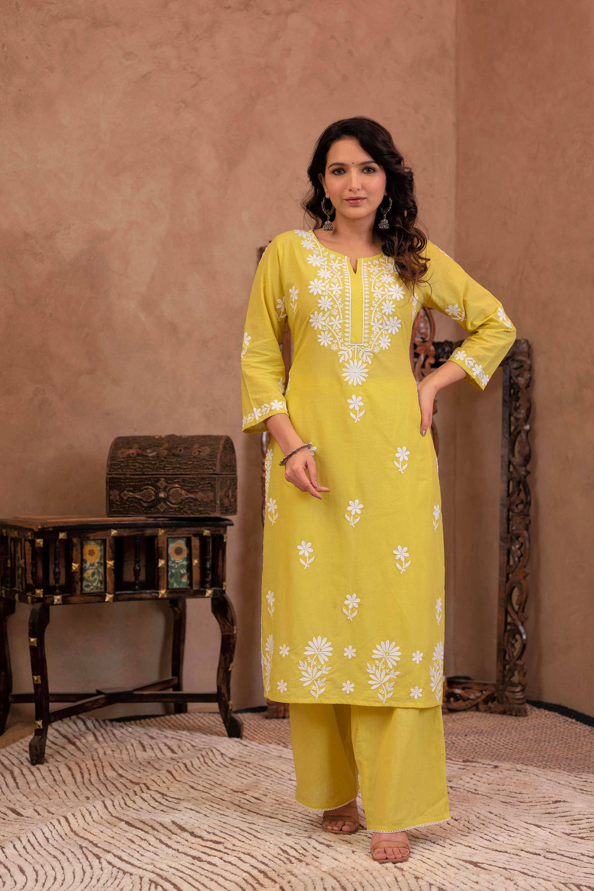     			Juniper Women Cotton Embroidered Straight Kurti With Pants ( Yellow )
