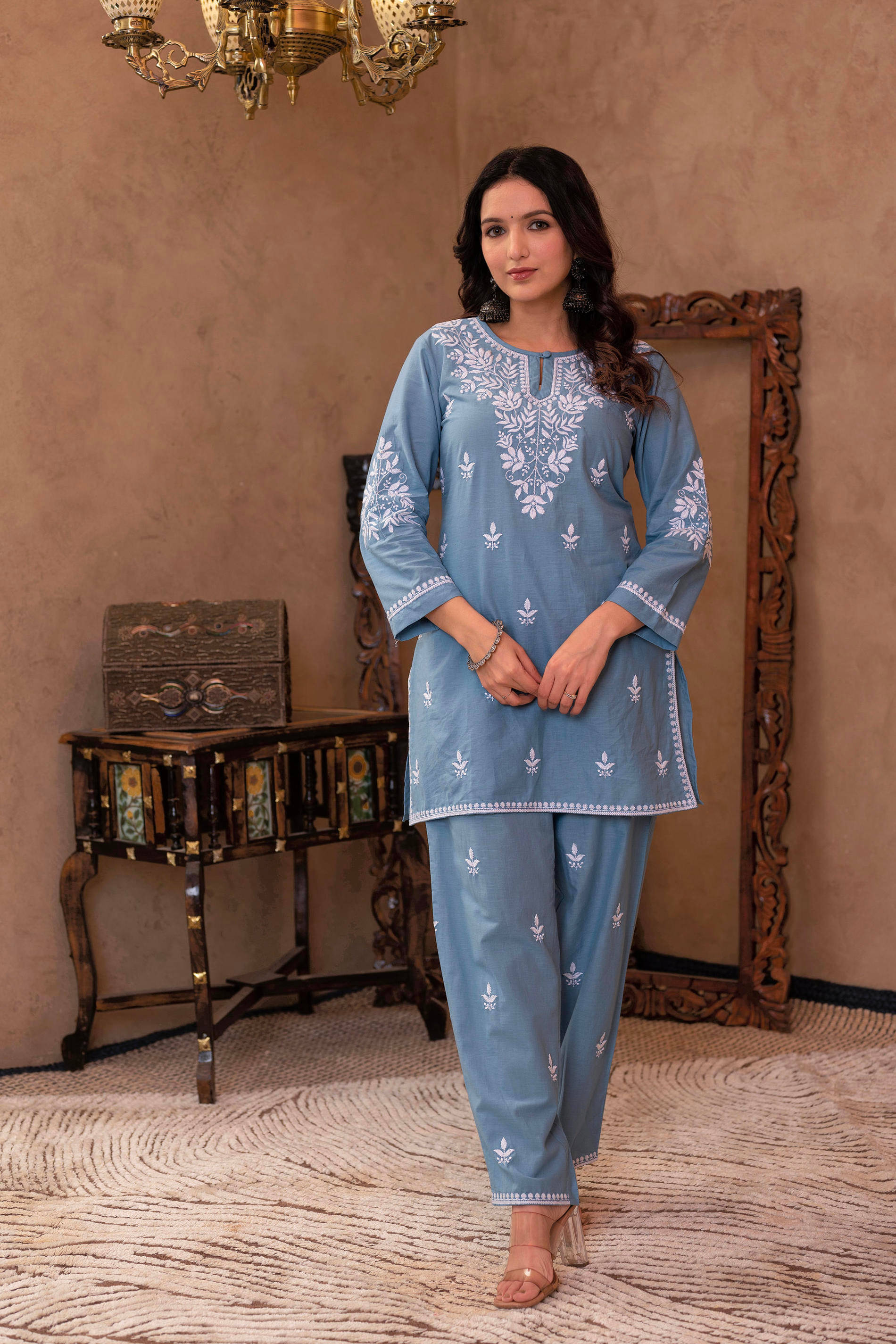 Juniper Women Cotton Embroidered Straight Kurti With Pants ( Blue ) Juniper Women Cotton Embroidered Straight Kurti With Pants ( Blue )