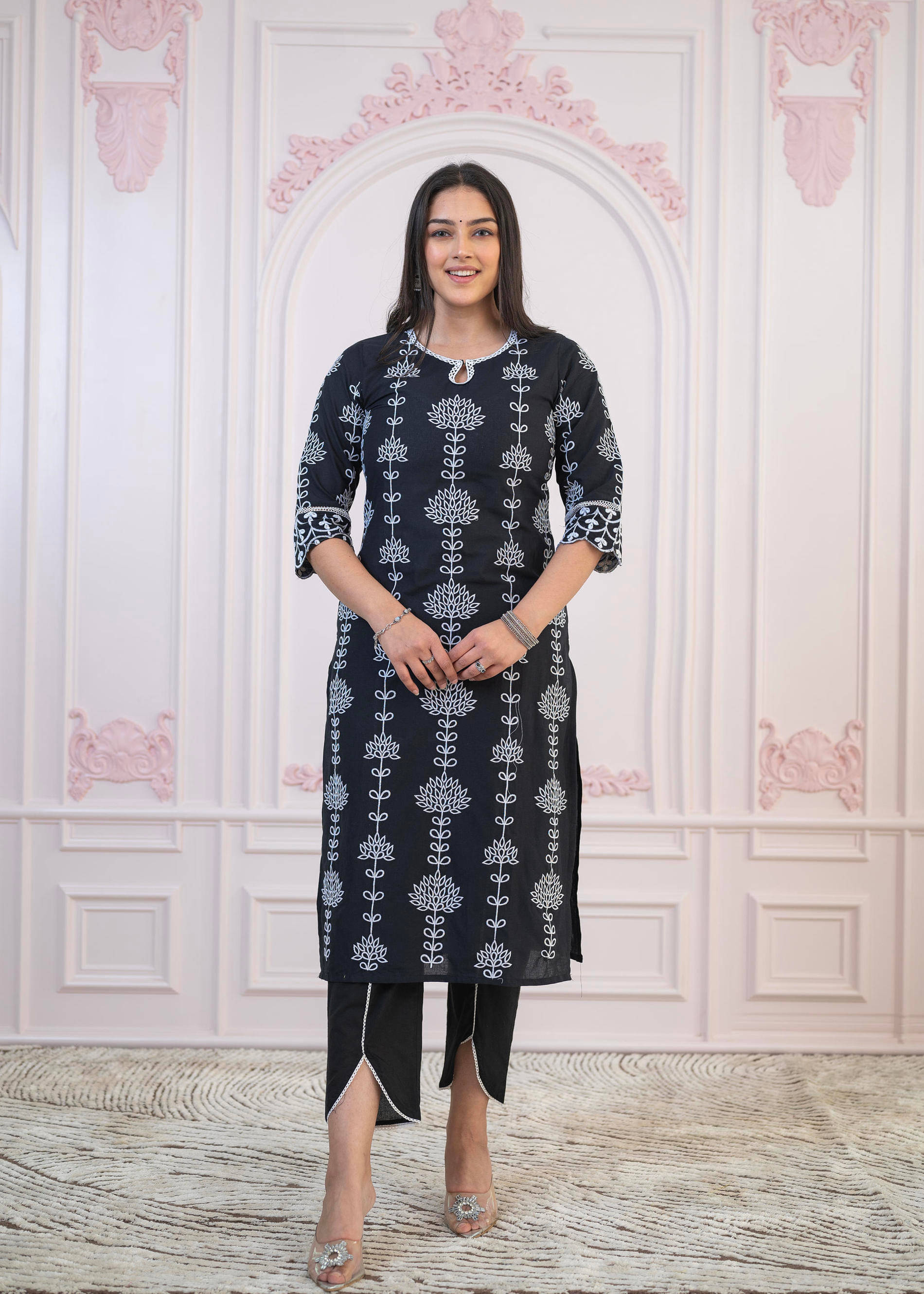     			Juniper Women Cotton Embroidered Straight Kurti With Pants ( Black )
