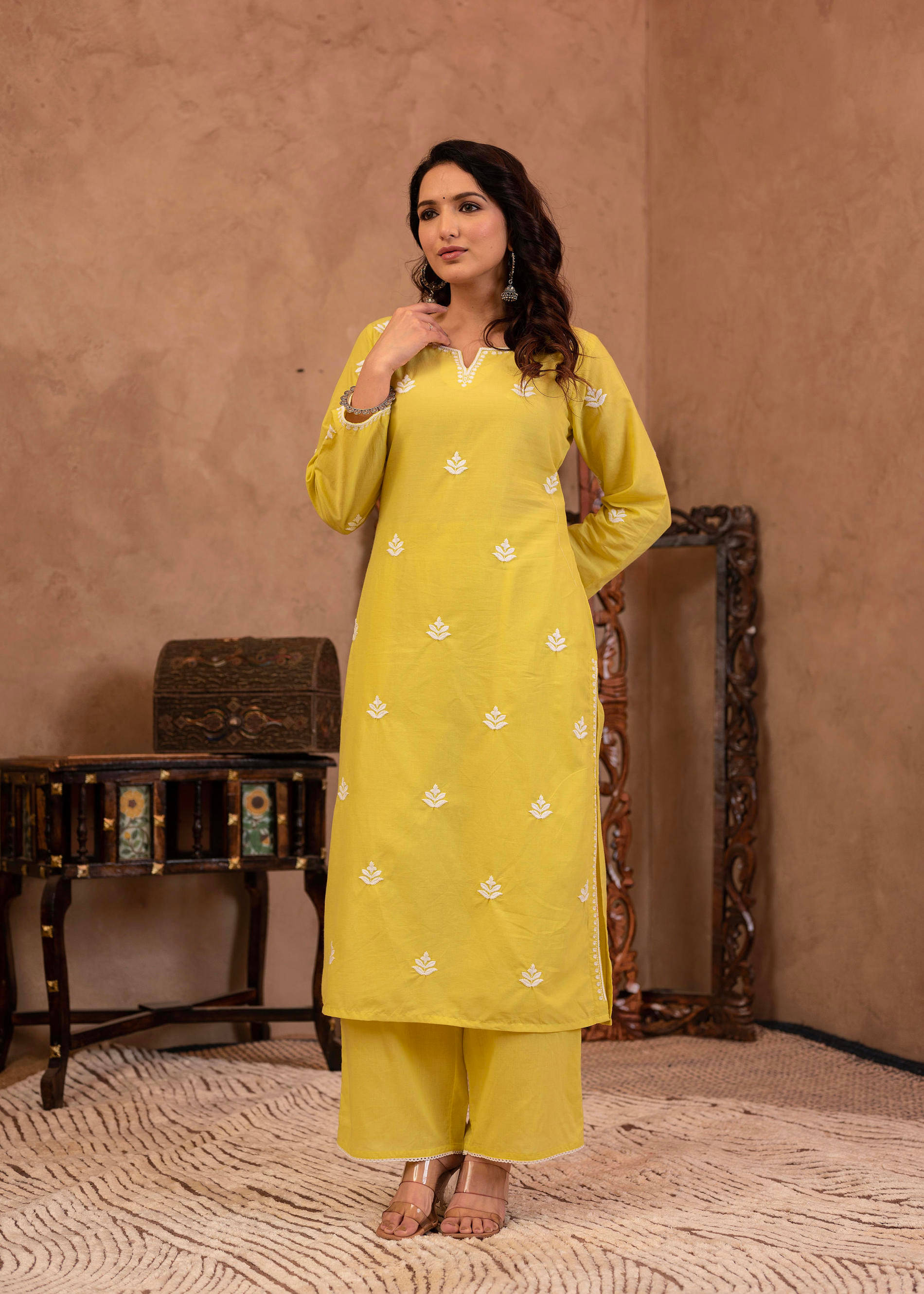     			Juniper Women Cotton Embroidered Straight Kurti With Pants ( Yellow )