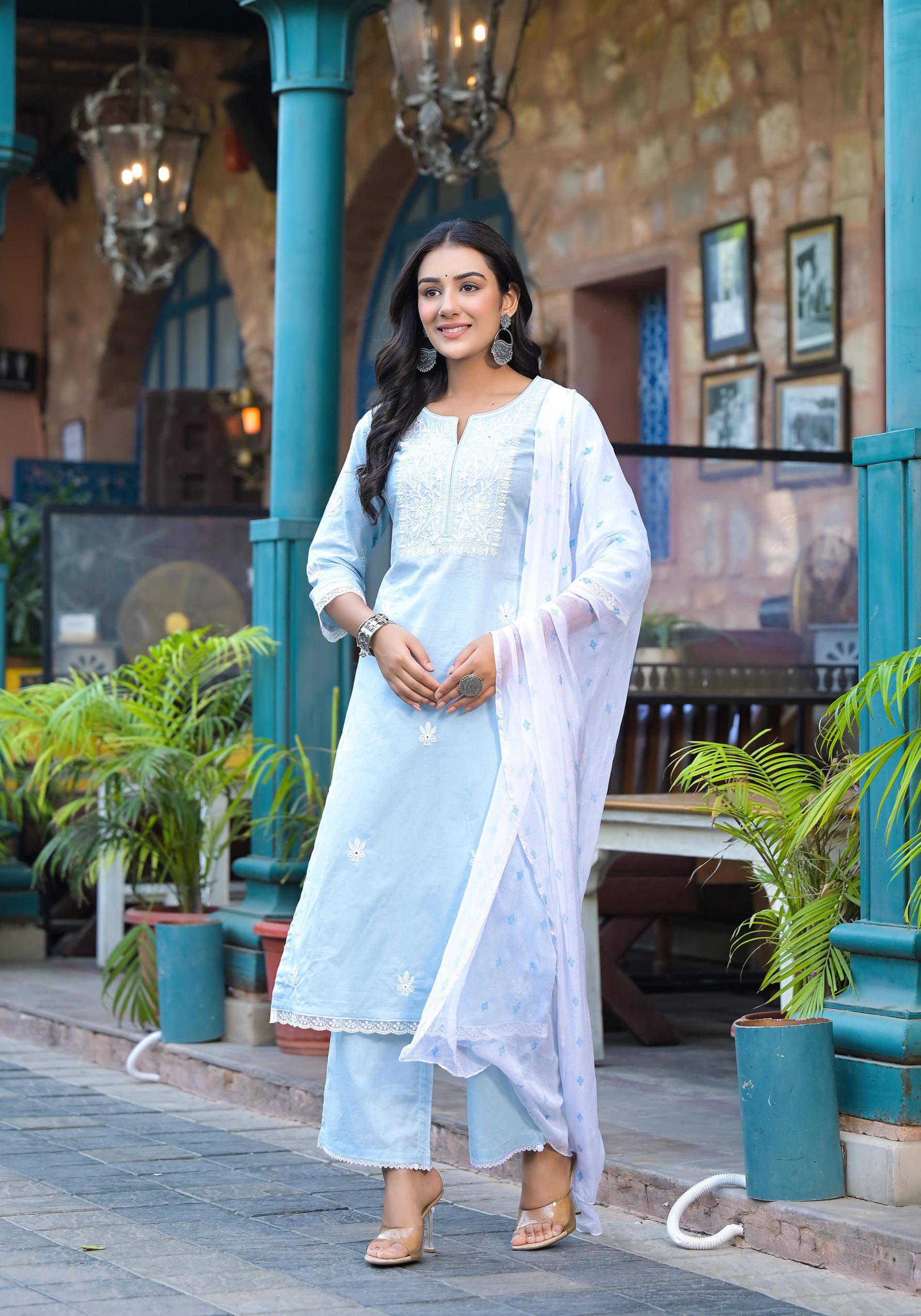     			Juniper Women Cotton Embroidered Straight Kurti With Pants ( Blue )