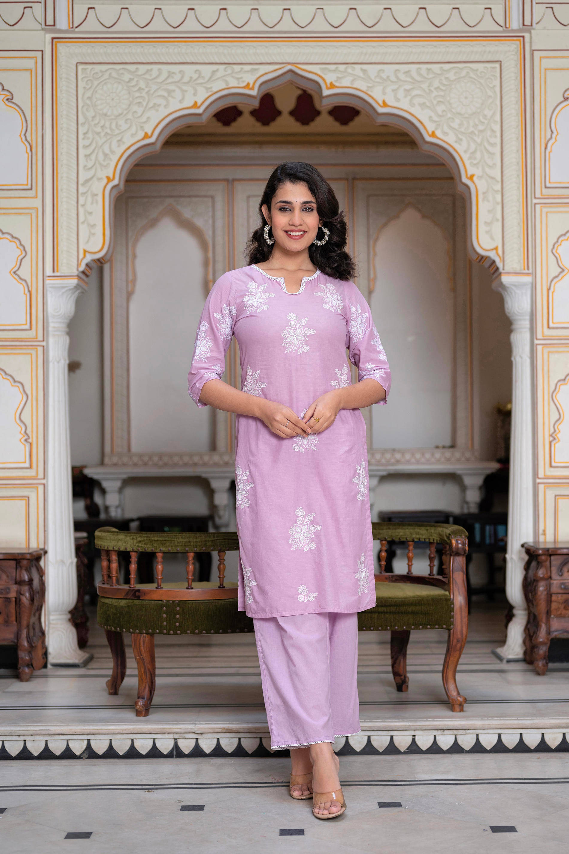     			Juniper Women Cotton Embroidered Straight Kurti With Pants ( Lavender )