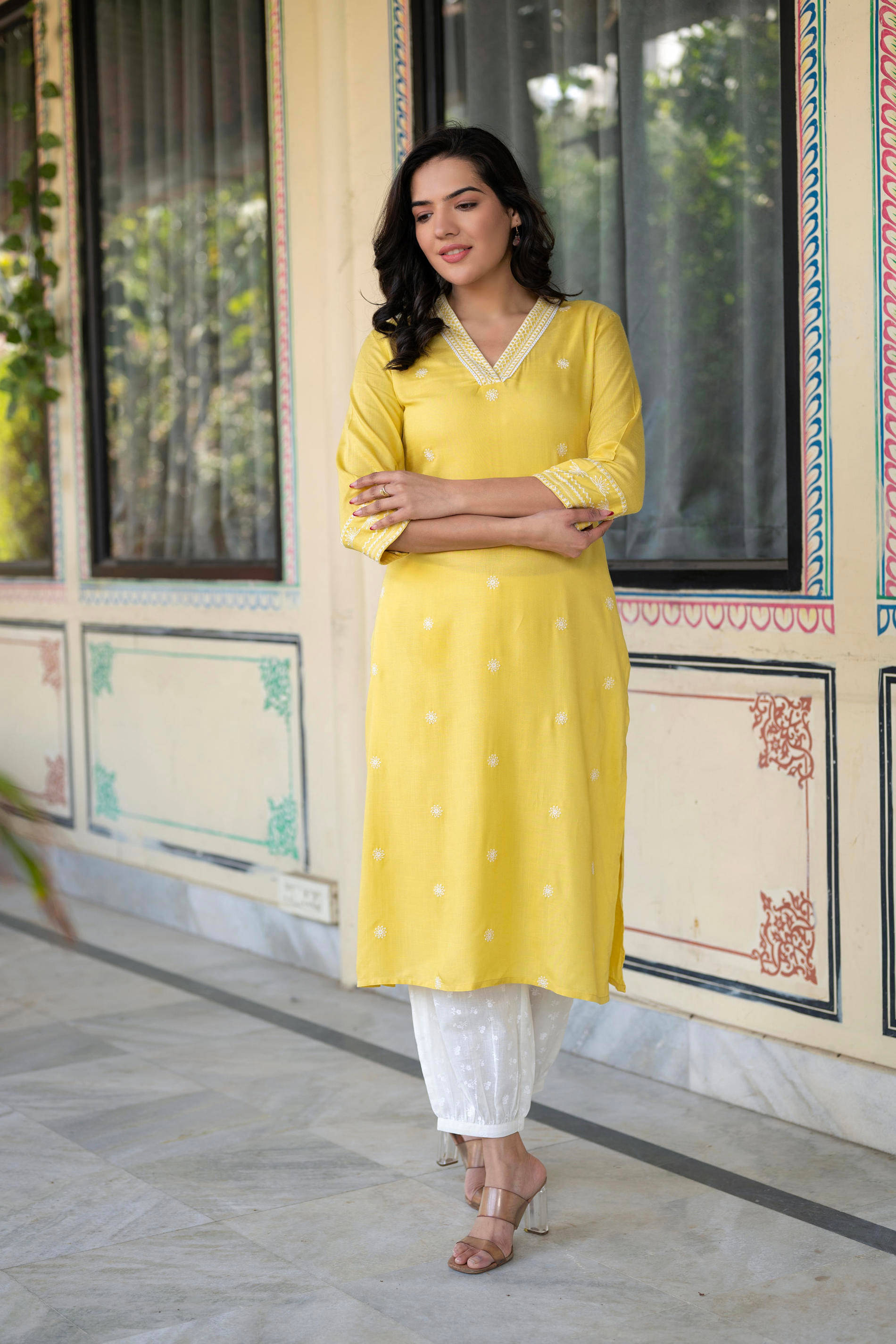     			Juniper Women Viscose Embroidered Straight Kurti With Pants ( Yellow )