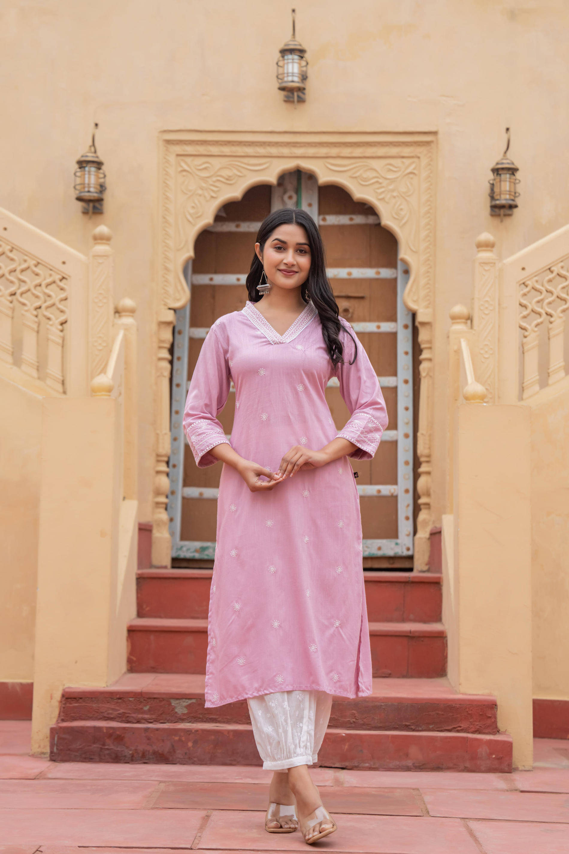 Juniper Women Viscose Embroidered Straight Kurti With Pants ( Pink ) Juniper Women Viscose Embroidered Straight Kurti With Pants ( Pink )