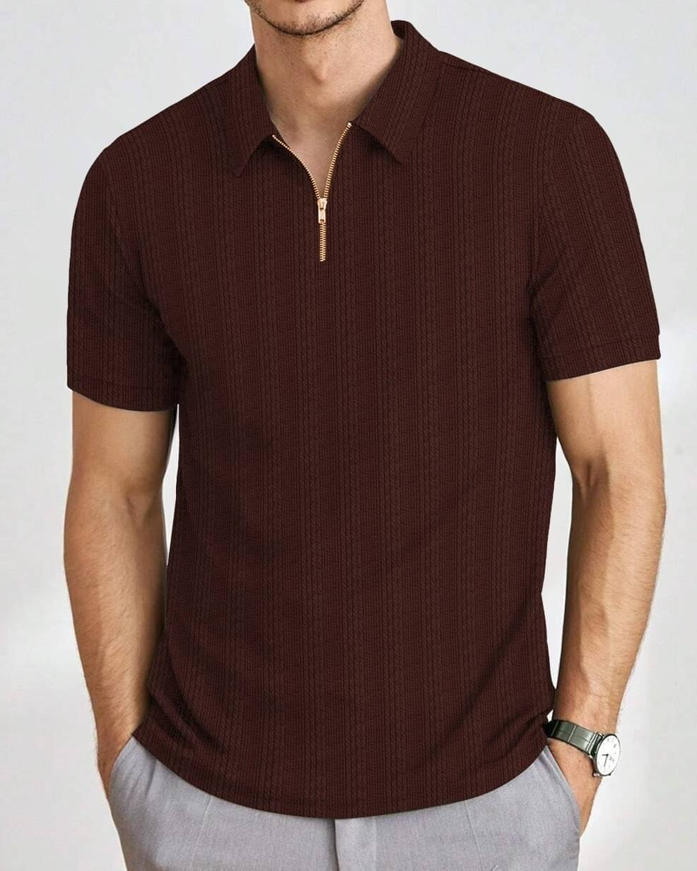 KAJARU Men Polyester Regular Fit Striped Polo T Shirt ( Coffee ) KAJARU Men Polyester Regular Fit Striped Polo T Shirt ( Coffee )