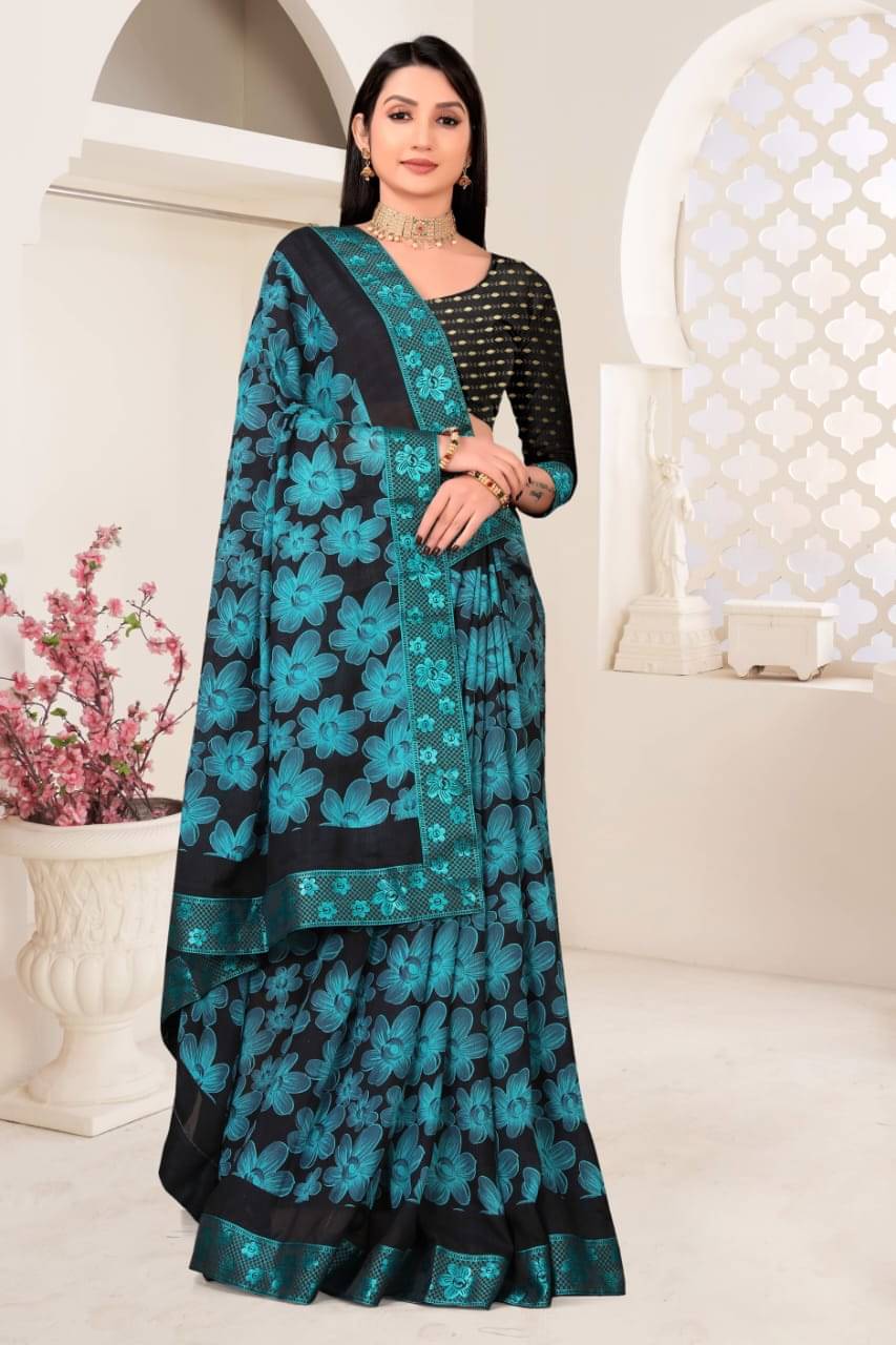 R K S M Cotton Blend Printed Maheshwari Saree With Unstitched Blouse Piece ( Teal )     			R K S M Cotton Blend Printed Maheshwari Saree With Unstitched Blouse Piece ( Teal )