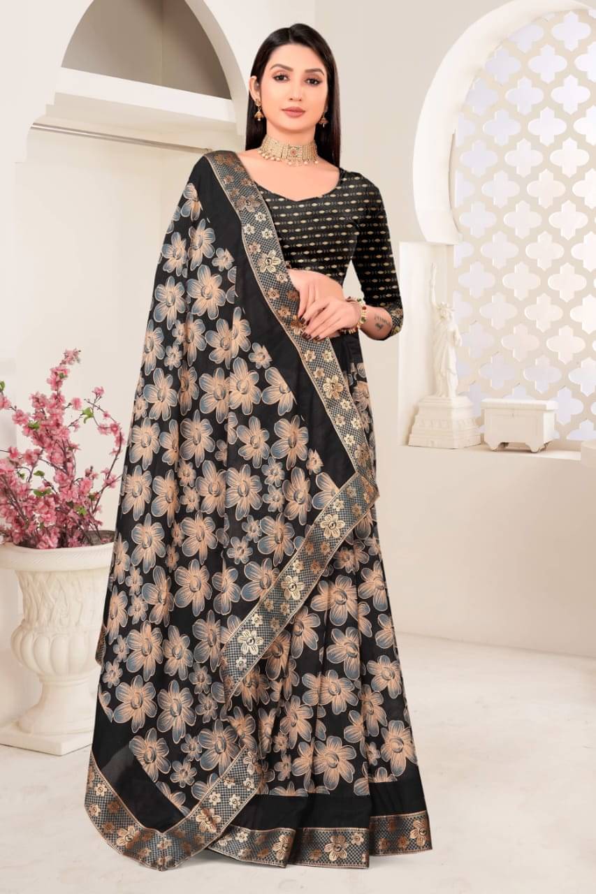     			R K S M Cotton Blend Printed Banarasi saree With Unstitched Blouse Piece ( Black )