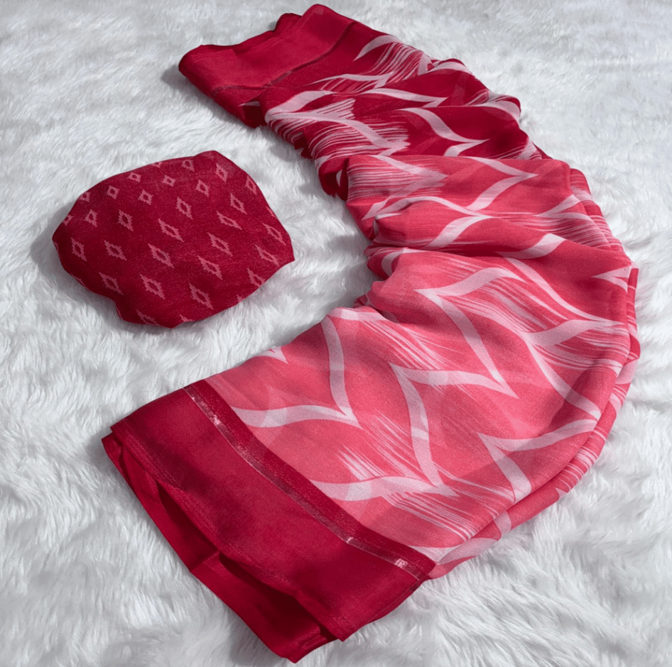 R K S M Georgette Printed Leheriya Saree With Unstitched Blouse Piece ( Pink,Red ) R K S M Georgette Printed Leheriya Saree With Unstitched Blouse Piece ( Pink,Red )