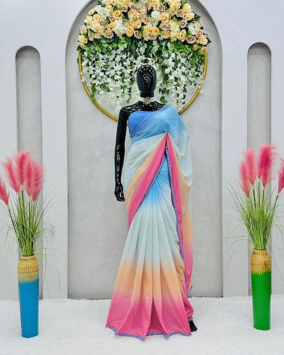 R K S M Georgette Dyed Maheshwari Saree With Unstitched Blouse Piece ( Multicolor ) R K S M Georgette Dyed Maheshwari Saree With Unstitched Blouse Piece ( Multicolor )