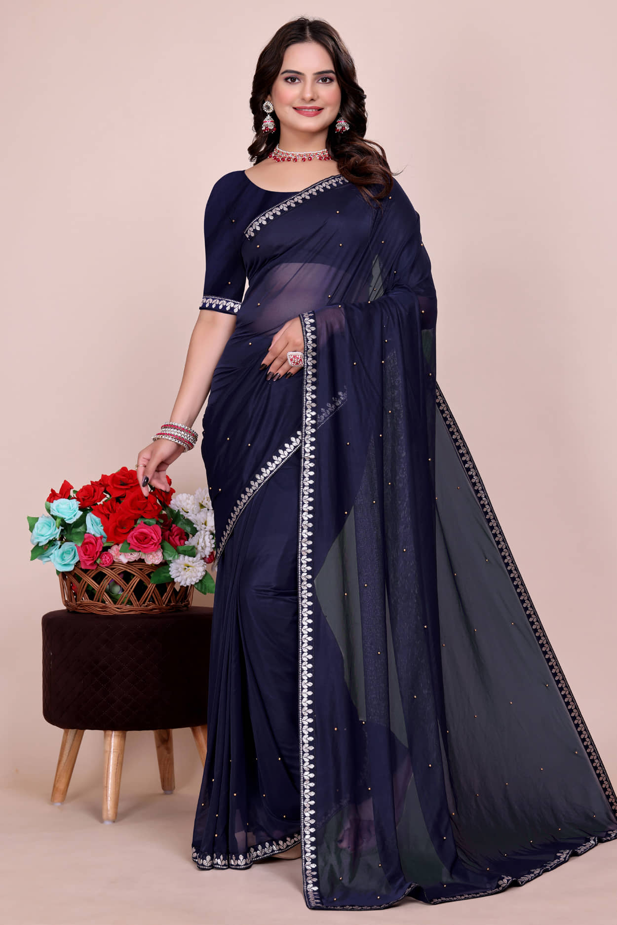 Samai Lycra Embellished Saree With Unstitched Blouse Piece ( Purple ) - Sarees | Buy online on ZillyBuy
