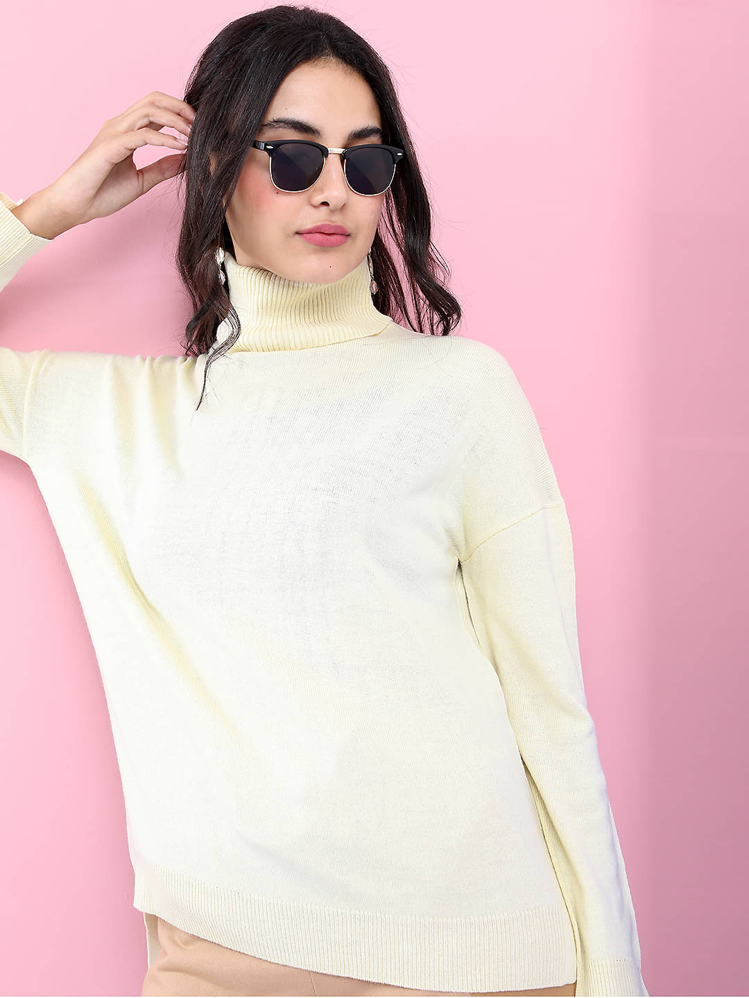 Tokyo Talkies Women Acrylic Shirt Collar Pullover ( Beige ) Tokyo Talkies Women Acrylic Shirt Collar Pullover ( Beige )