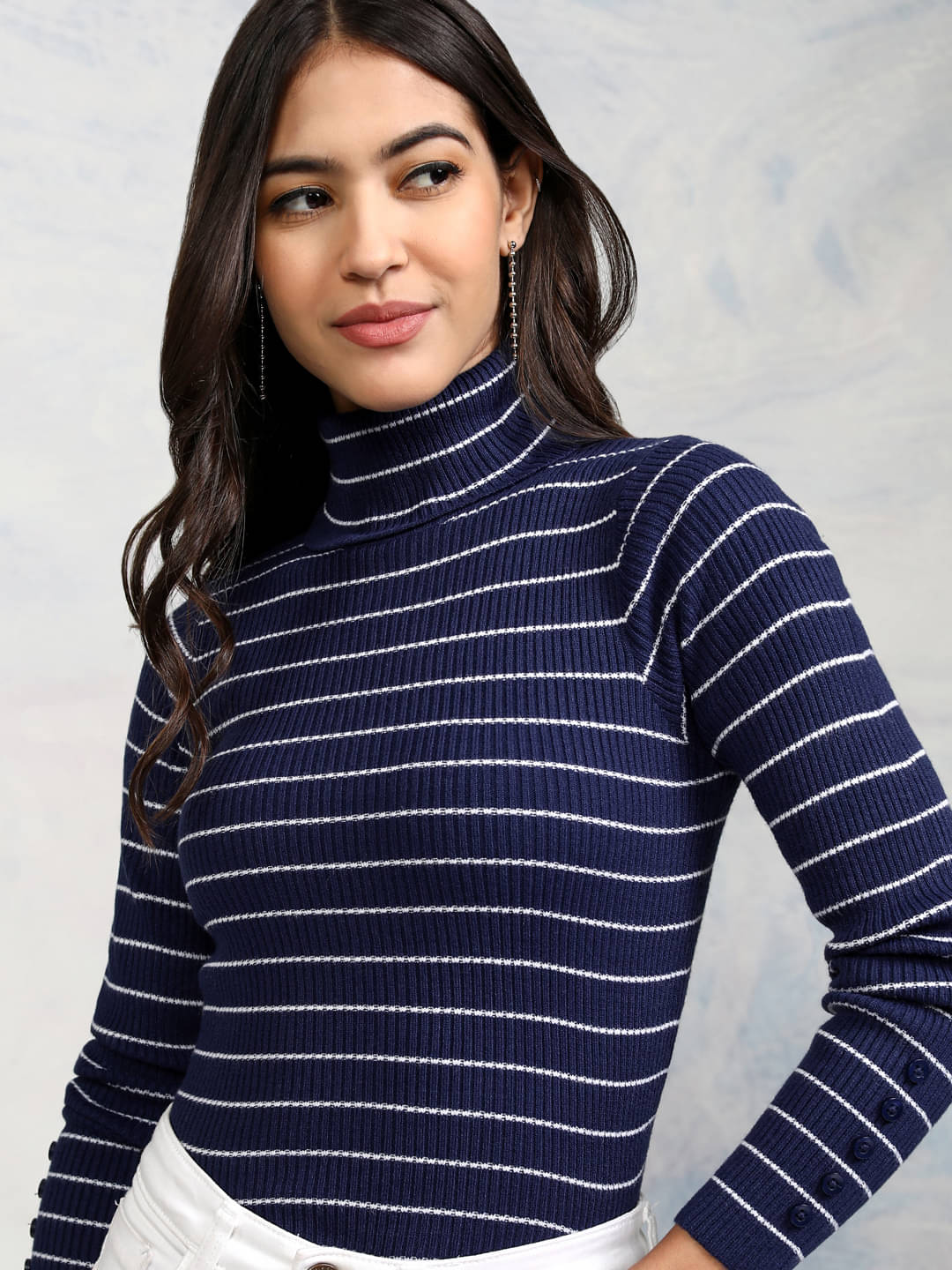 Tokyo Talkies Women Acrylic Shirt Collar Pullover ( Navy )     			Tokyo Talkies Women Acrylic Shirt Collar Pullover ( Navy )