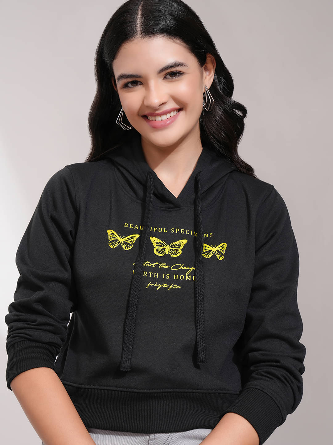 Tokyo Talkies Cotton Blend Women's Hooded Sweatshirt ( Black ) Tokyo Talkies Cotton Blend Women's Hooded Sweatshirt ( Black )