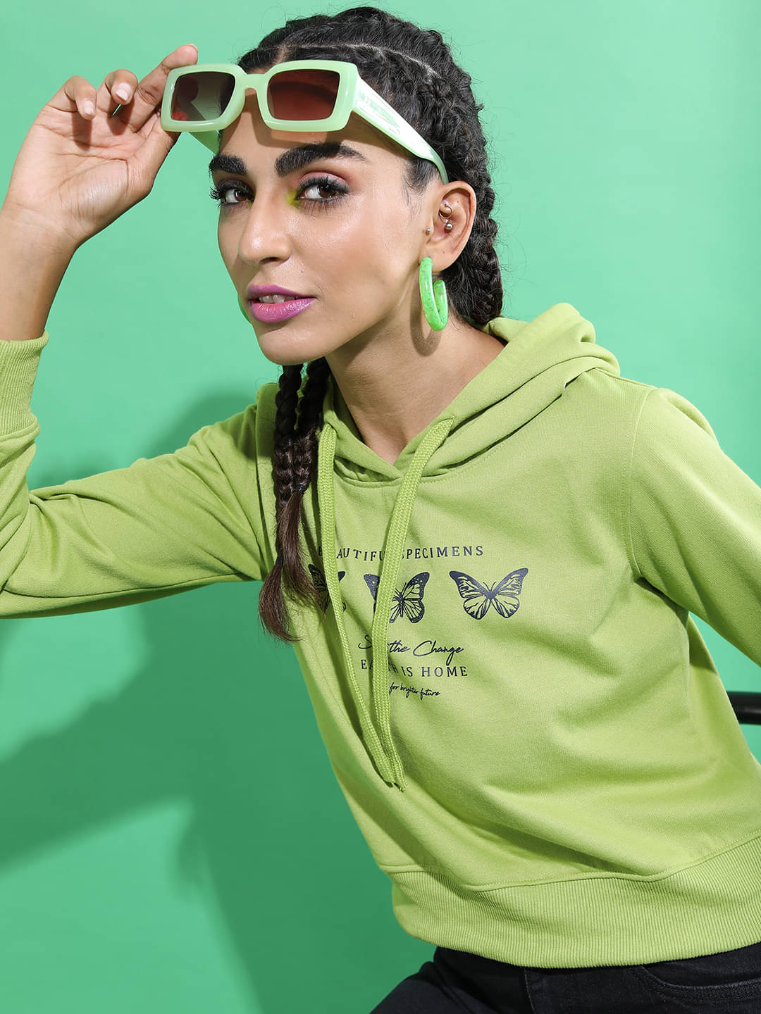 Tokyo Talkies Cotton Blend Women's Hooded Sweatshirt ( Green ) Tokyo Talkies Cotton Blend Women's Hooded Sweatshirt ( Green )