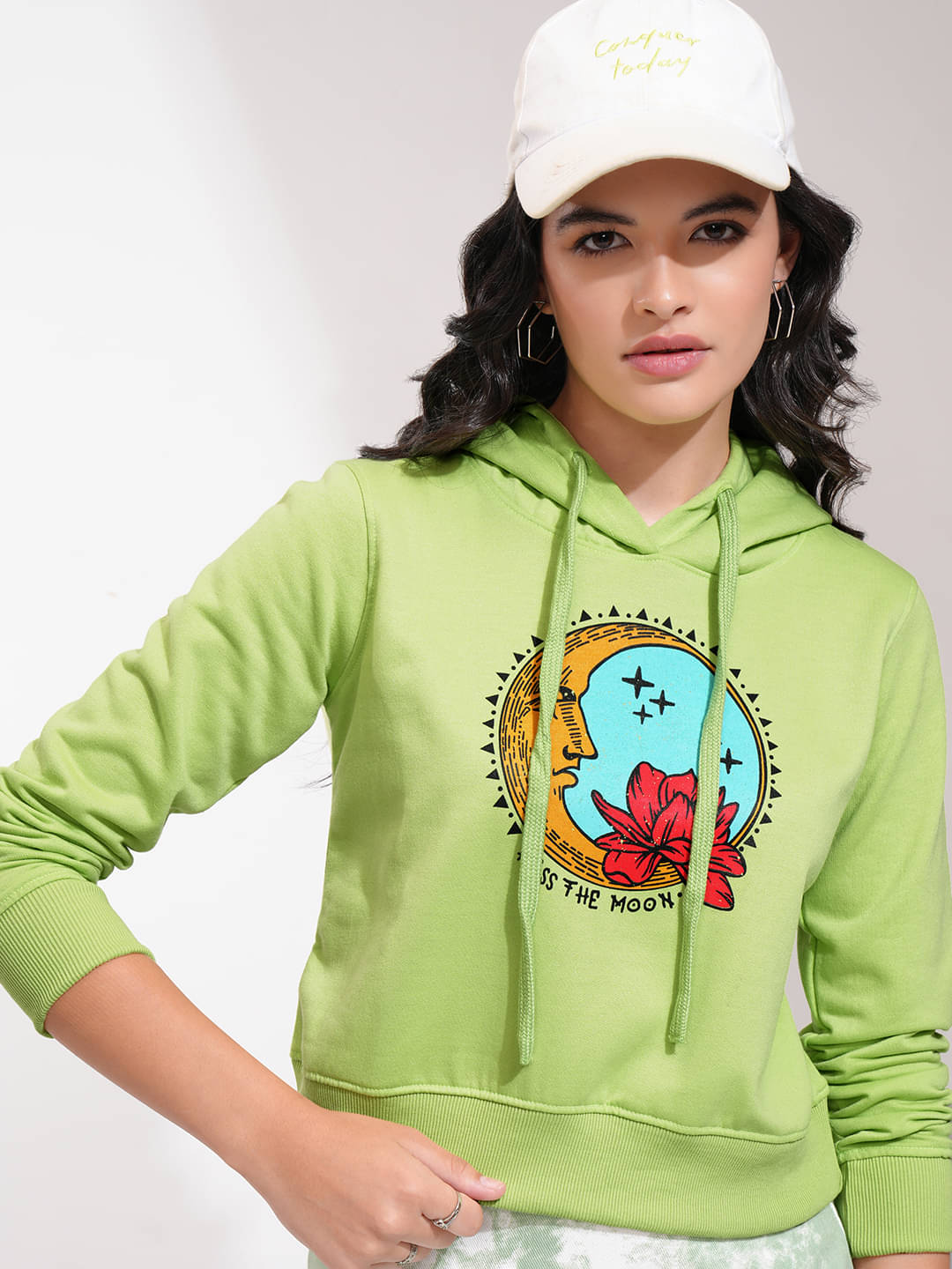 Tokyo Talkies Cotton Blend Women's Hooded Sweatshirt ( Green ) Tokyo Talkies Cotton Blend Women's Hooded Sweatshirt ( Green )