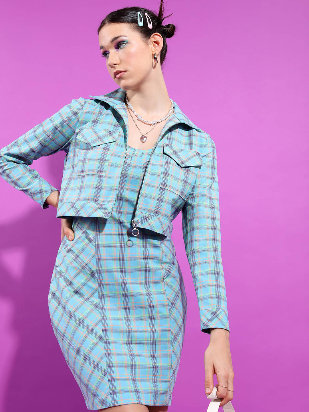     			Tokyo Talkies Women Checks Coat With Leggings Co-Ord Set ( Blue )