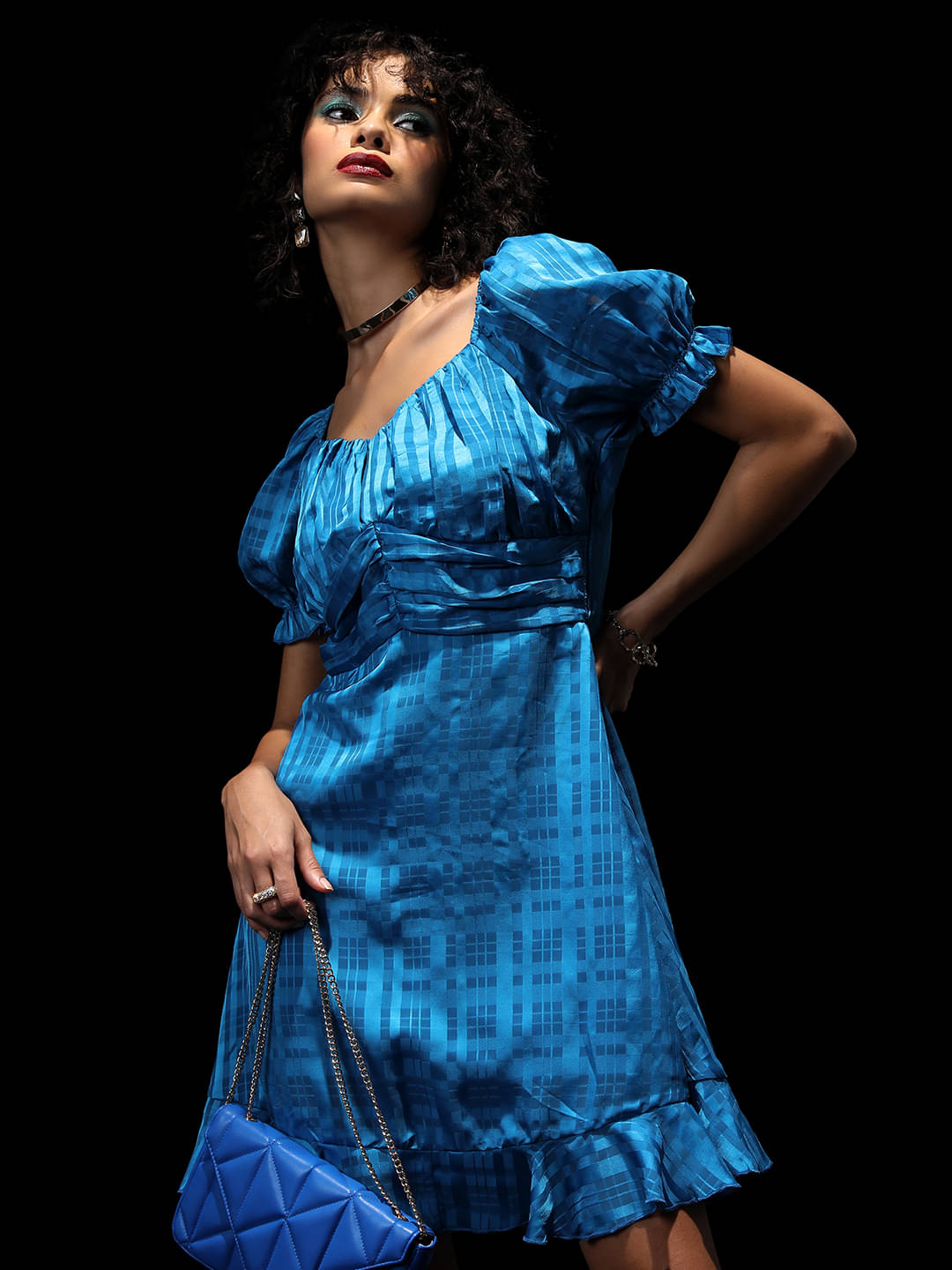     			Tokyo Talkies Women Polyester Checks Fit & Flare Dress ( Blue )