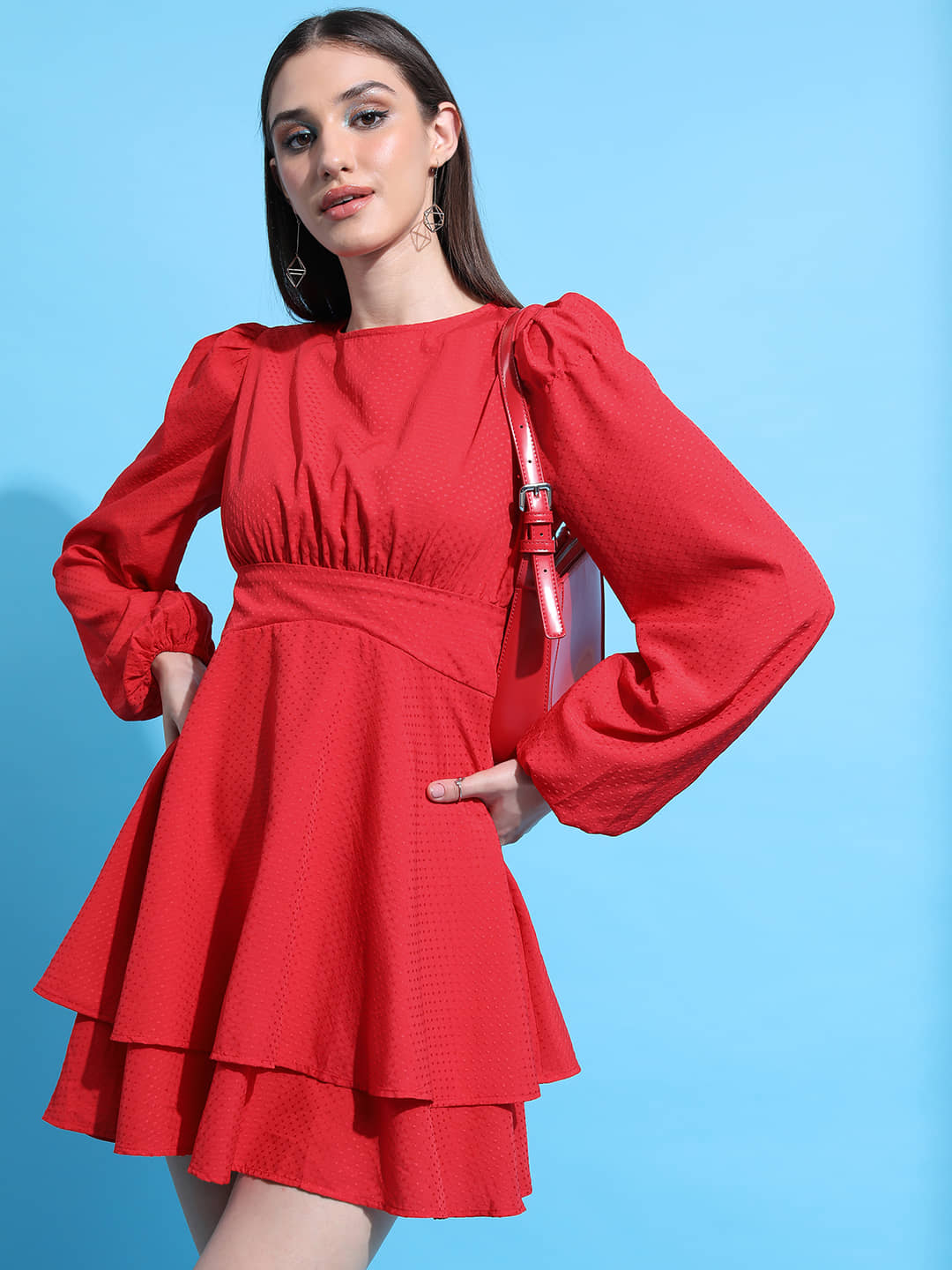 Tokyo Talkies Women Polyester Self Design Fit & Flare Dress ( Red )