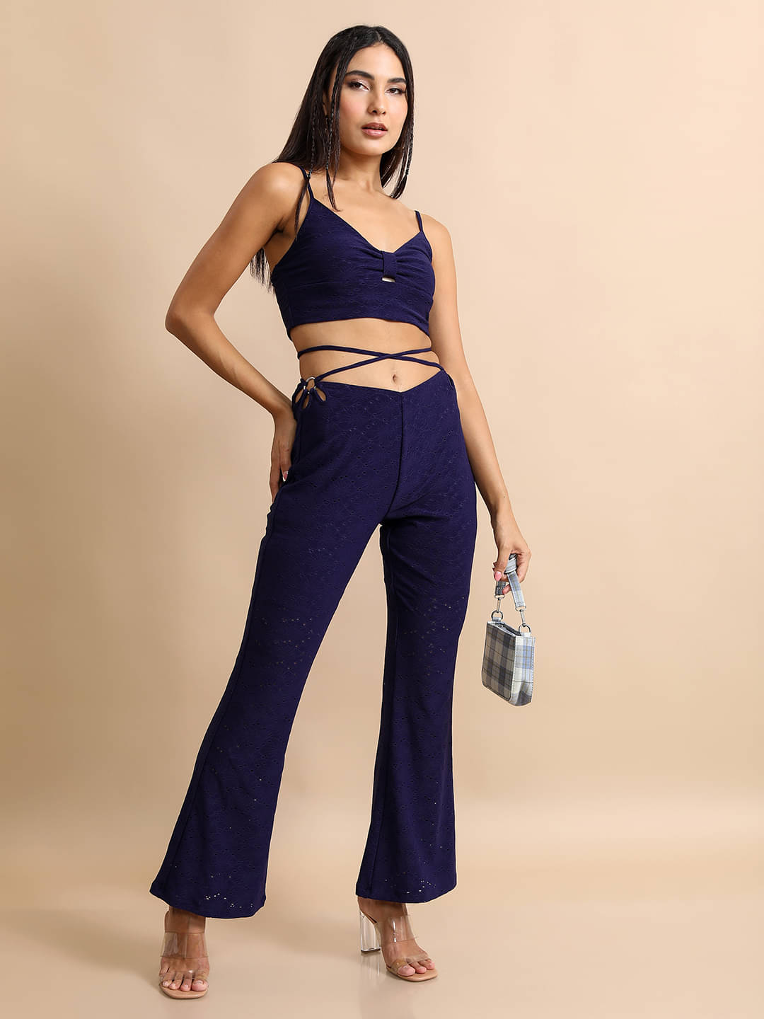     			Tokyo Talkies Women Solid Top With Trousers Co-Ord Set ( Navy )