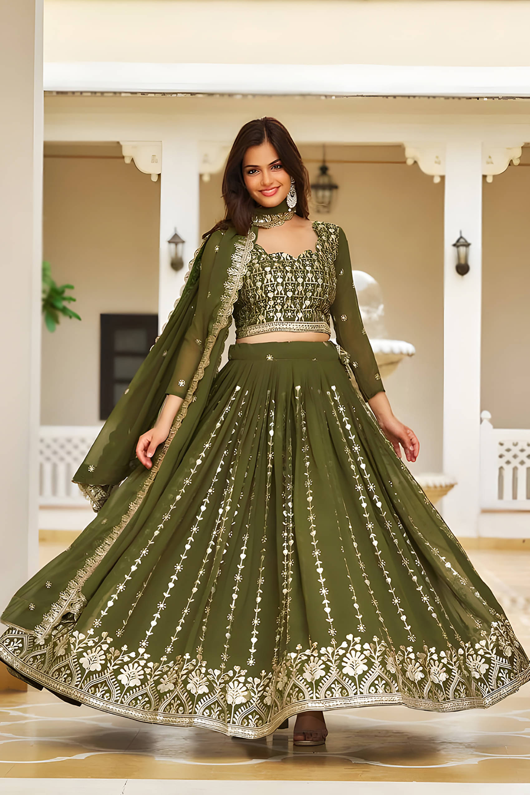     			Trijal Fab Green Georgette Circular Stitched Lehenga
