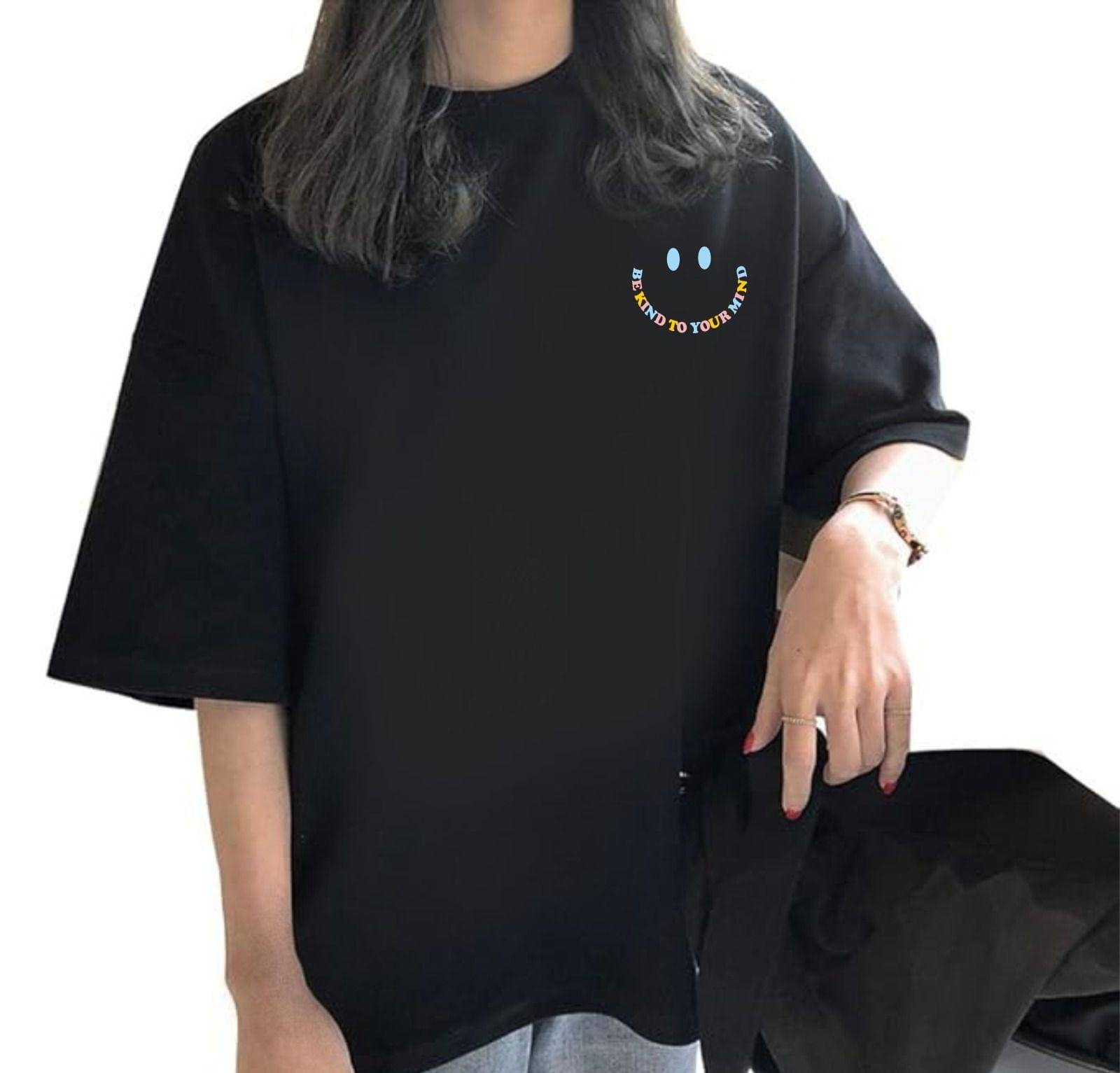     			ekadravin Women Cotton Printed Oversized Fit Round Neck T-Shirt ( Black )