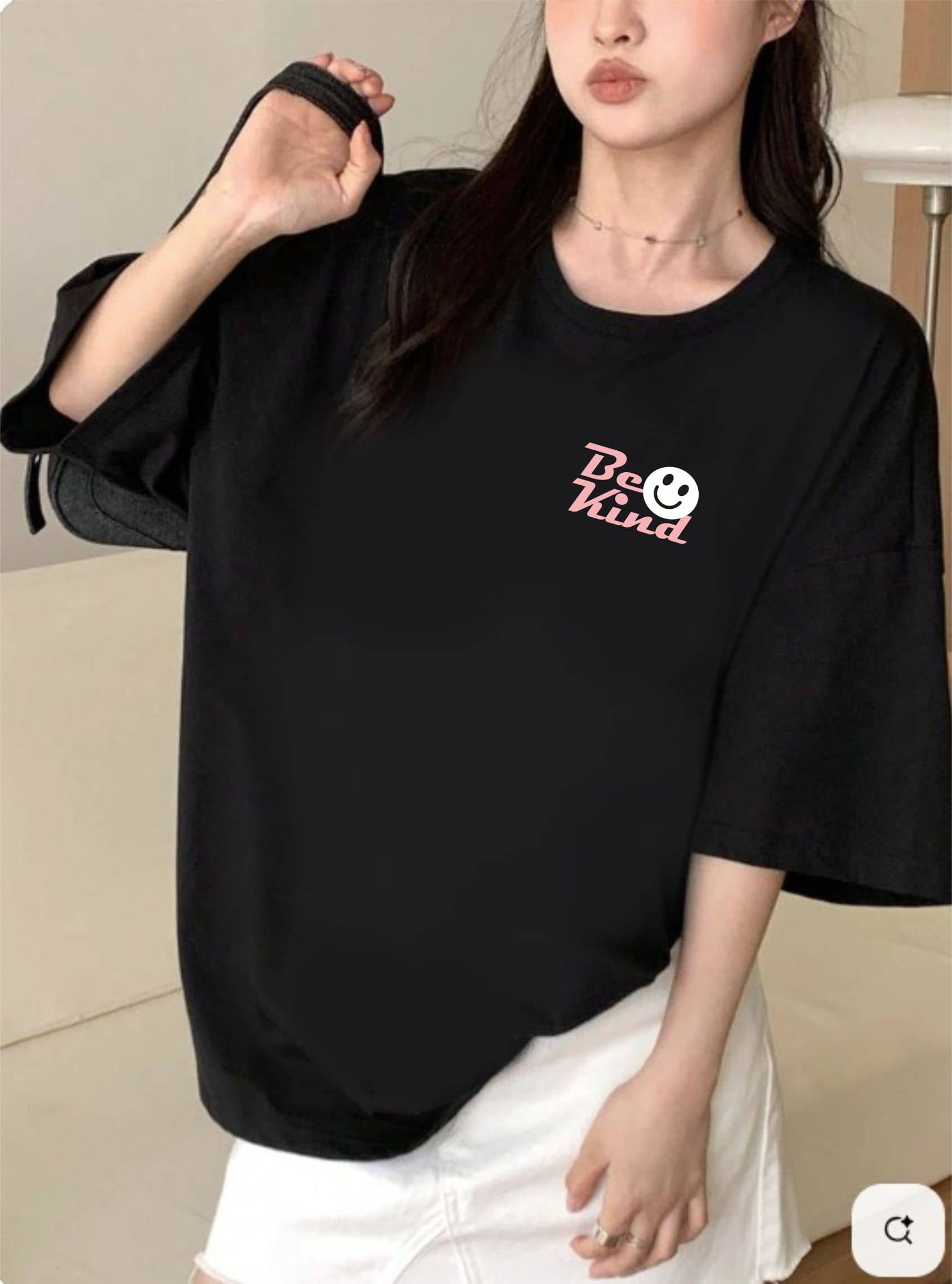 ekadravin Women Cotton Printed Oversized Fit Round Neck T-Shirt ( Black )