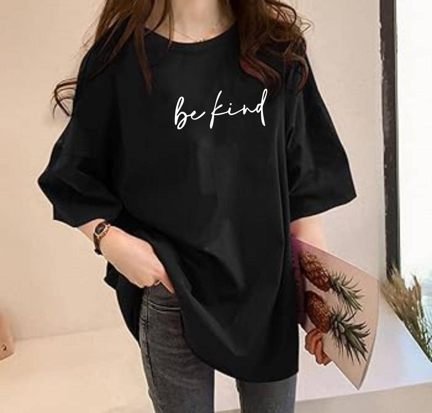 ekadravin Women Cotton Printed Oversized Fit Round Neck T-Shirt ( Black )