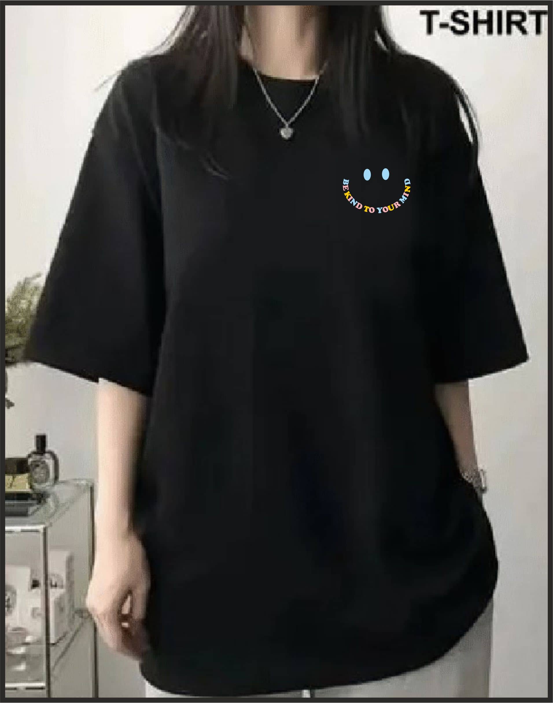 ekadravin Women Cotton Printed Oversized Fit Round Neck T-Shirt ( Black )
