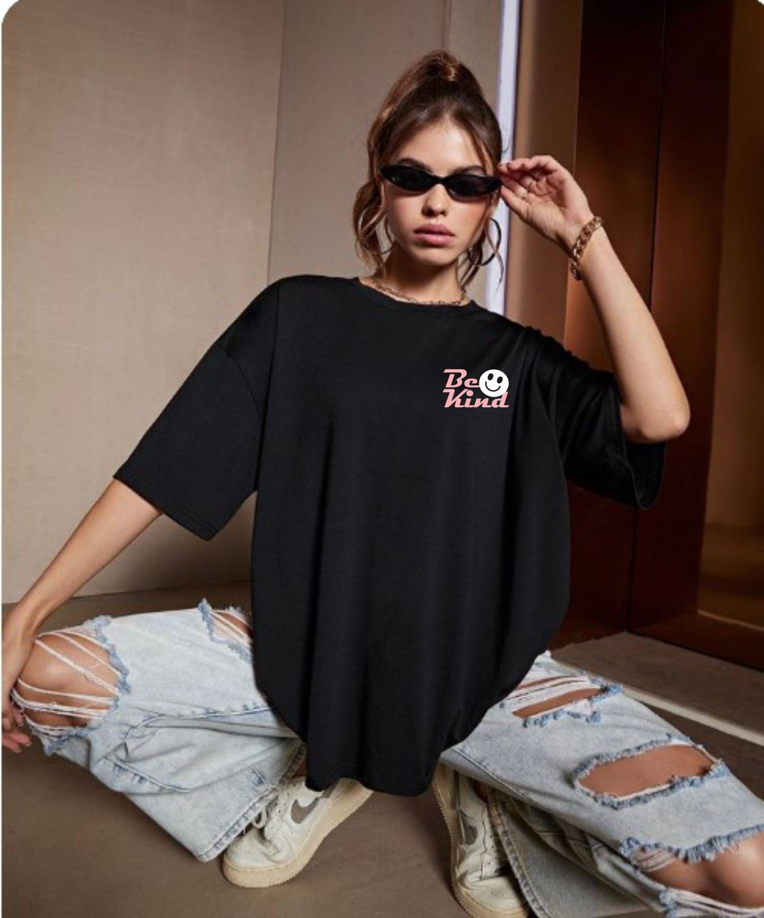 ekadravin Women Cotton Printed Oversized Fit Round Neck T-Shirt ( Black ) ekadravin Women Cotton Printed Oversized Fit Round Neck T-Shirt ( Black )